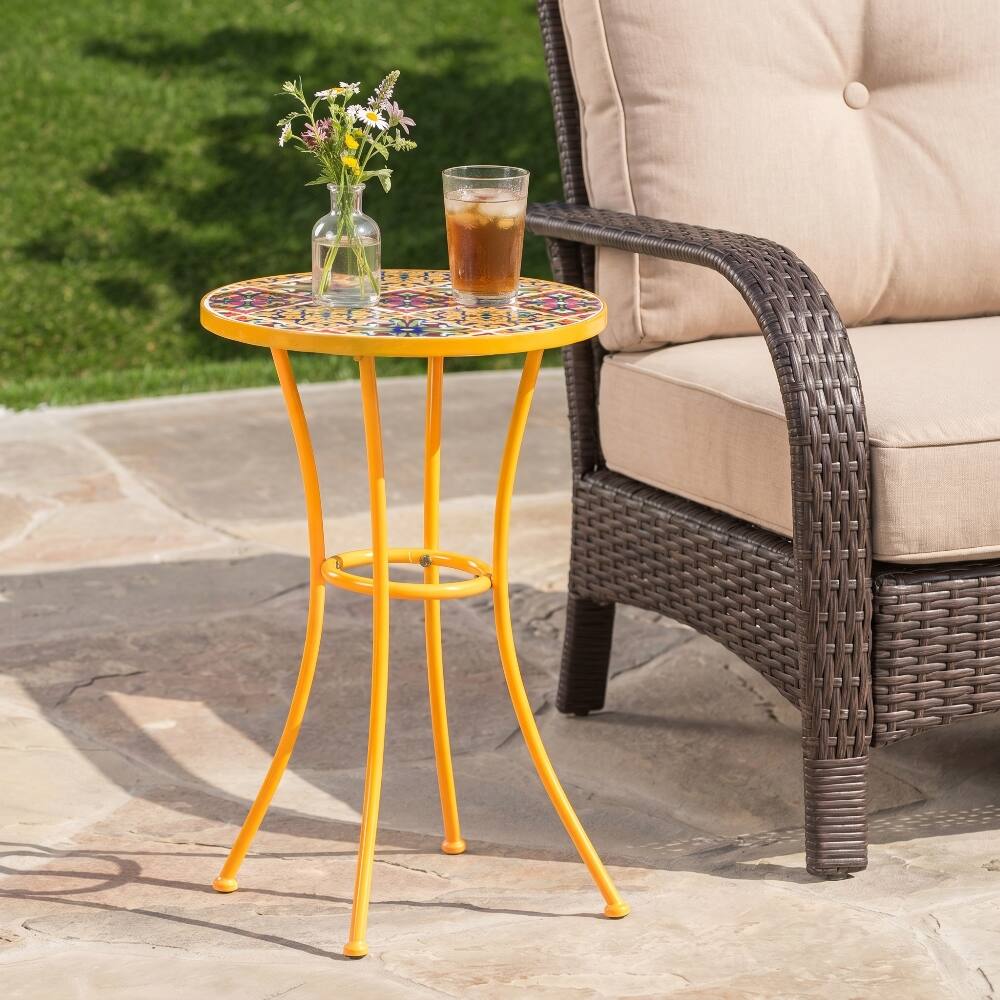 Angle. Loheer - Loheer Yellow Tile Mosaic Outdoor Side Table with Metal Legs - Yellow.