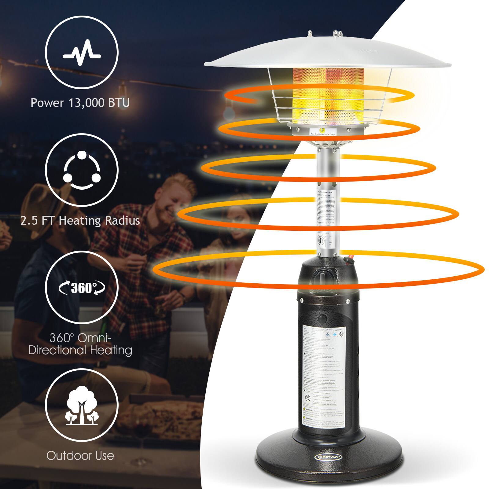 Power 13,000 BTU  
2.5 FT Heating Radius  
360° Omni-Directional Heating  
Outdoor Use