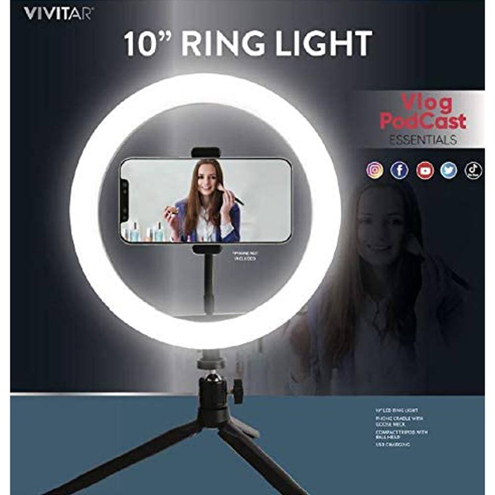Vivitar 10" Ring Light  
Vlog Podcast Essentials  
BC100  
HP LED Light  
Compact Tripod  
10"  
Charging