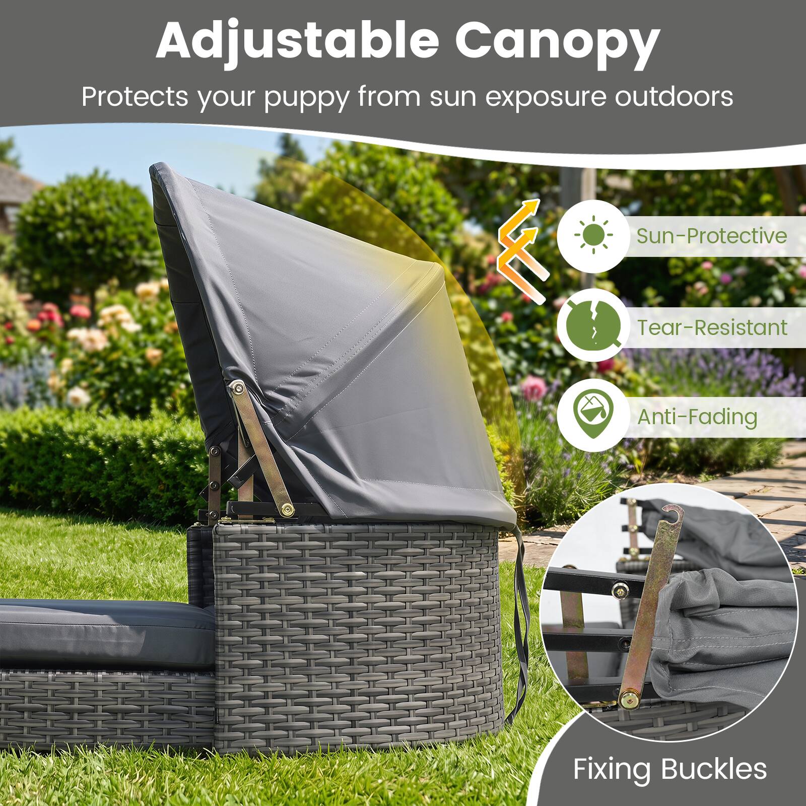 Adjustable Canopy  
Protects your puppy from sun exposure outdoors  

Sun-Protective  
Tear-Resistant  
Anti-Fading  
Fixing Buckles