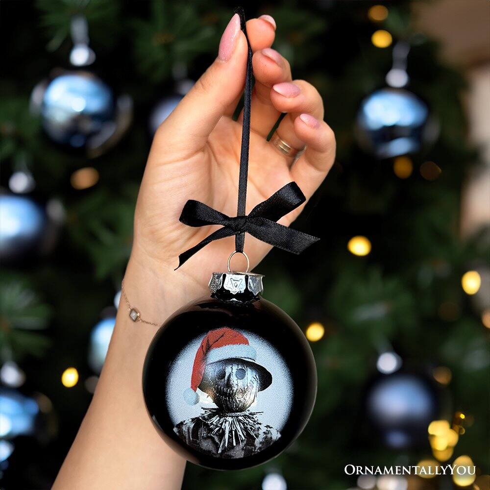 Left. OrnamentallyYou - Scarecrow Christmas Spooky Portrait Glass Ornament Black Horror Halloween Tree Decoration - Multi-colored.