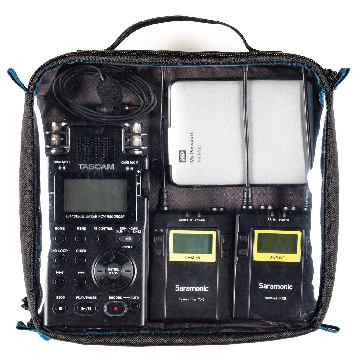 - TASCAM DR-100mS LINEAR PCM RECORDER
- My Passport for Mac
- Saramonic UwMic9 Transmitter
- Saramonic UwMic9 Receiver RX9
- OMNI MIC L
- OMNI MIC R
- HOME MENU PB CONTROL
- UNI OMNI
- MUTE
- I/O LOOP
- QUICK
- ENTER MARK
- STOP
- PLAY/PAUSE
- RECORD AUTO