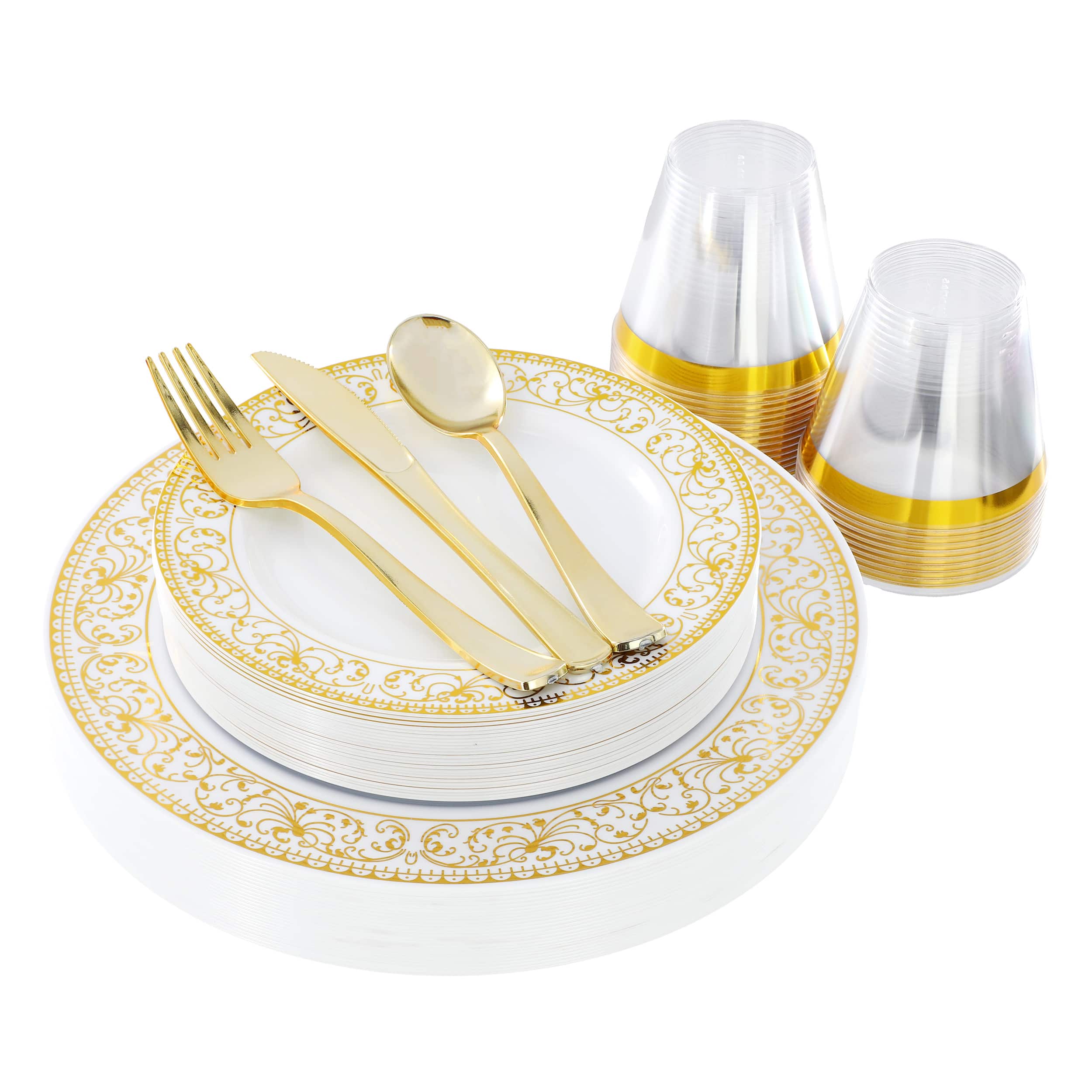 Elama - 150 Piece Disposable Plastic Dinnerware Party Set for 25 Guests with Gold Decal Trim - White