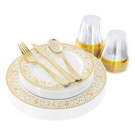 Elama - 150 Piece Disposable Plastic Dinnerware Party Set for 25 Guests with Gold Decal Trim - White