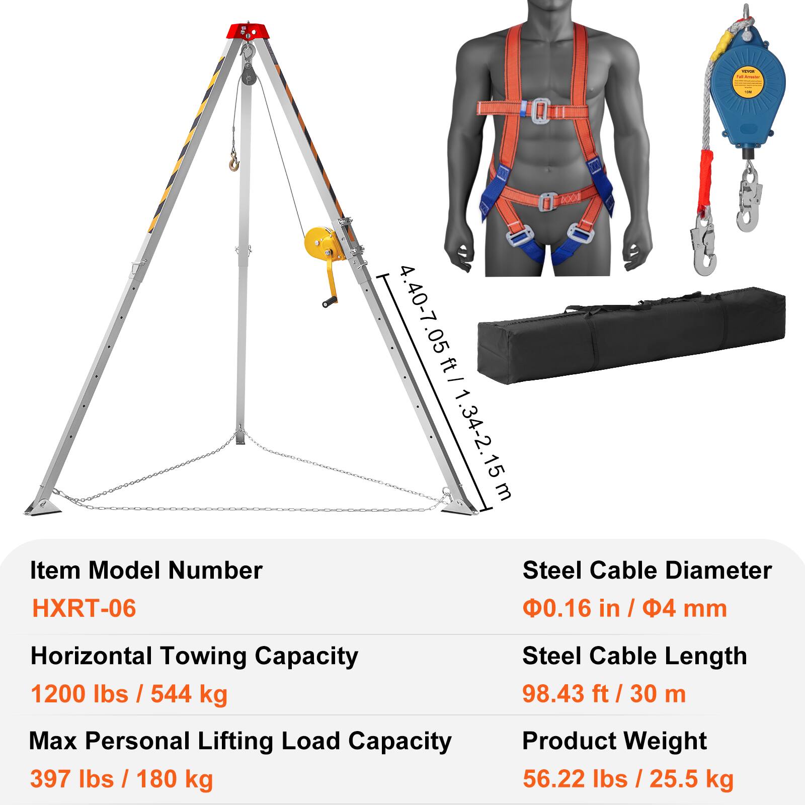 - Item Model Number: HXRT-06
- Steel Cable Diameter: 0.16 in / 4 mm
- Horizontal Towing Capacity: 1200 lbs / 544 kg
- Max Personal Lifting Load Capacity: 397 lbs / 180 kg
- Steel Cable Length: 98.43 ft / 30 m
- Product Weight: 56.22 lbs / 25.5 kg
