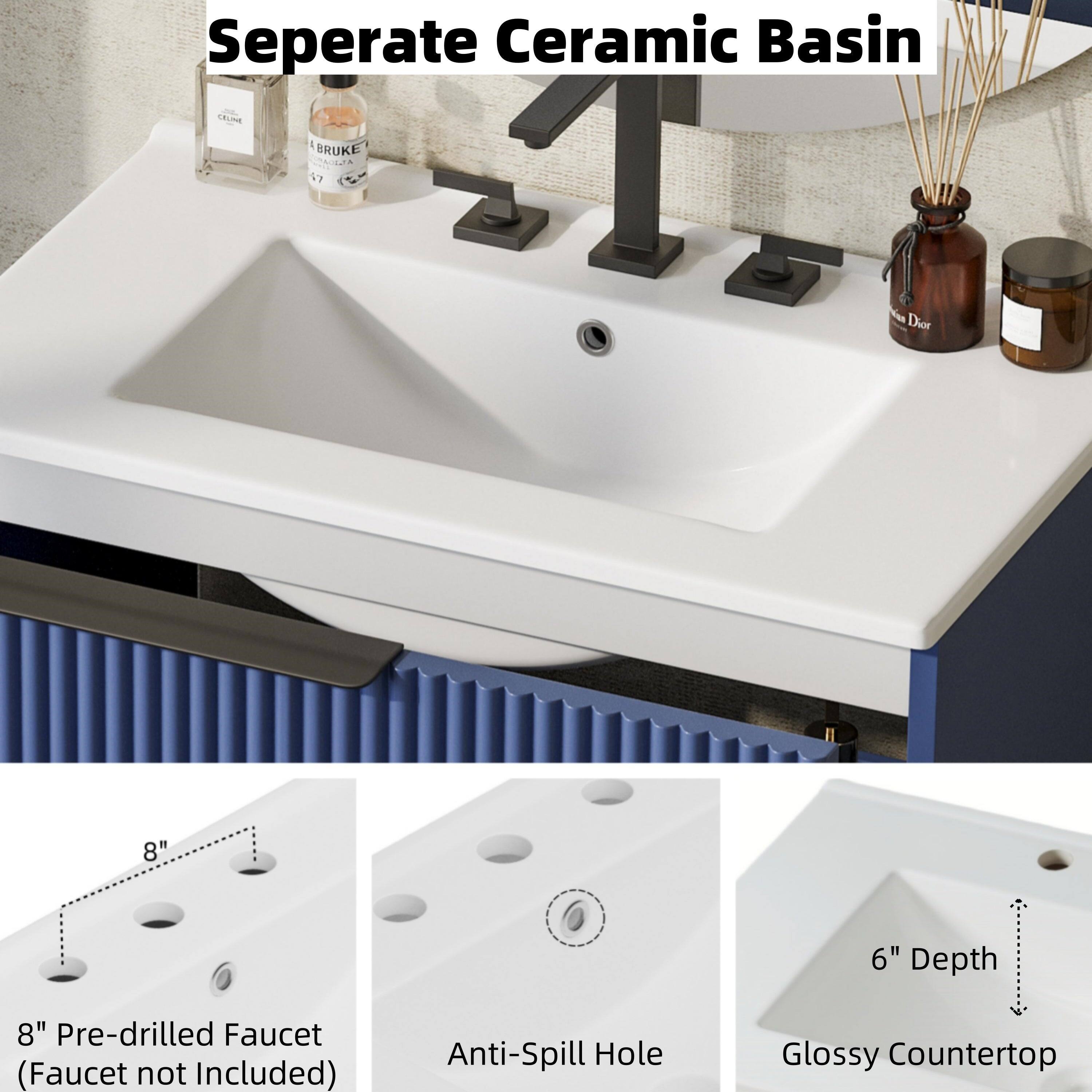 Seperate Ceramic Basin

- UELIE BRUKE CLUA 47
- Dior 8" 6" Depth
- 8" Pre-drilled Faucet (Faucet not Included)
- Anti-Spill Hole
- Glossy Countertop