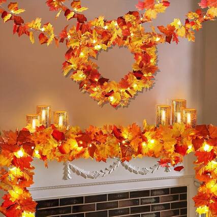 Front. PARKER SLATER - 2-Pack 11.8FT Fall Maple Leaf Garlands with 40 LED Lights, Autumn Decor - Orange, Red.