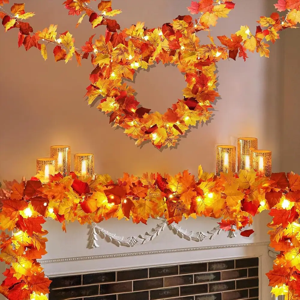 Front. PARKER SLATER - 2-Pack 11.8FT Fall Maple Leaf Garlands with 40 LED Lights, Autumn Decor - Orange, Red.
