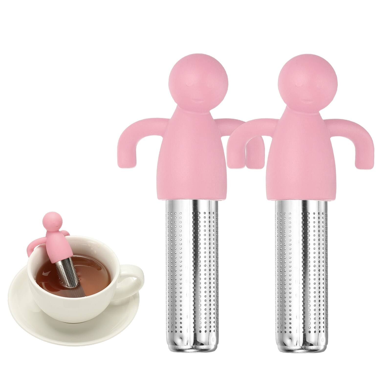 Front. Unique Bargains - 2pcs Cute Tea Infuser, Stainless Steel Loose-Leaf Steeper w/ Silicone Handle, Reusable Coarse Mesh for Teacups Teapots - Orange Red.