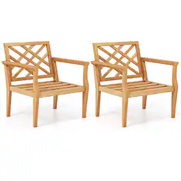 Gymax - 2PCS Patio Dinning Chair w/ Cozy Backrest & Armrests Slatted Seat & Solid Legs - Natural