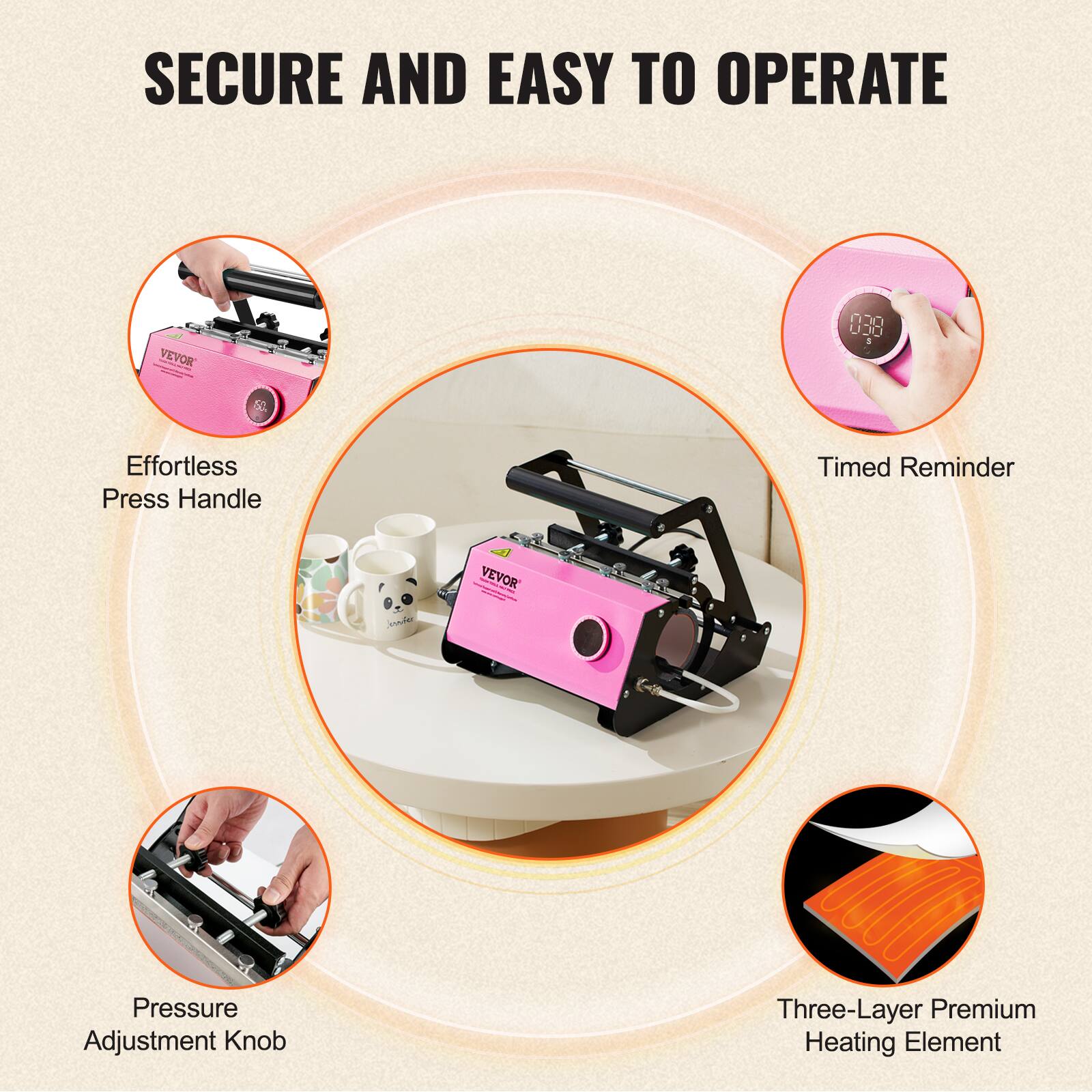 SECURE AND EASY TO OPERATE

VEVOR

Effortless Press Handle

Timed Reminder

Pressure Adjustment Knob

Three-Layer Premium Heating Element