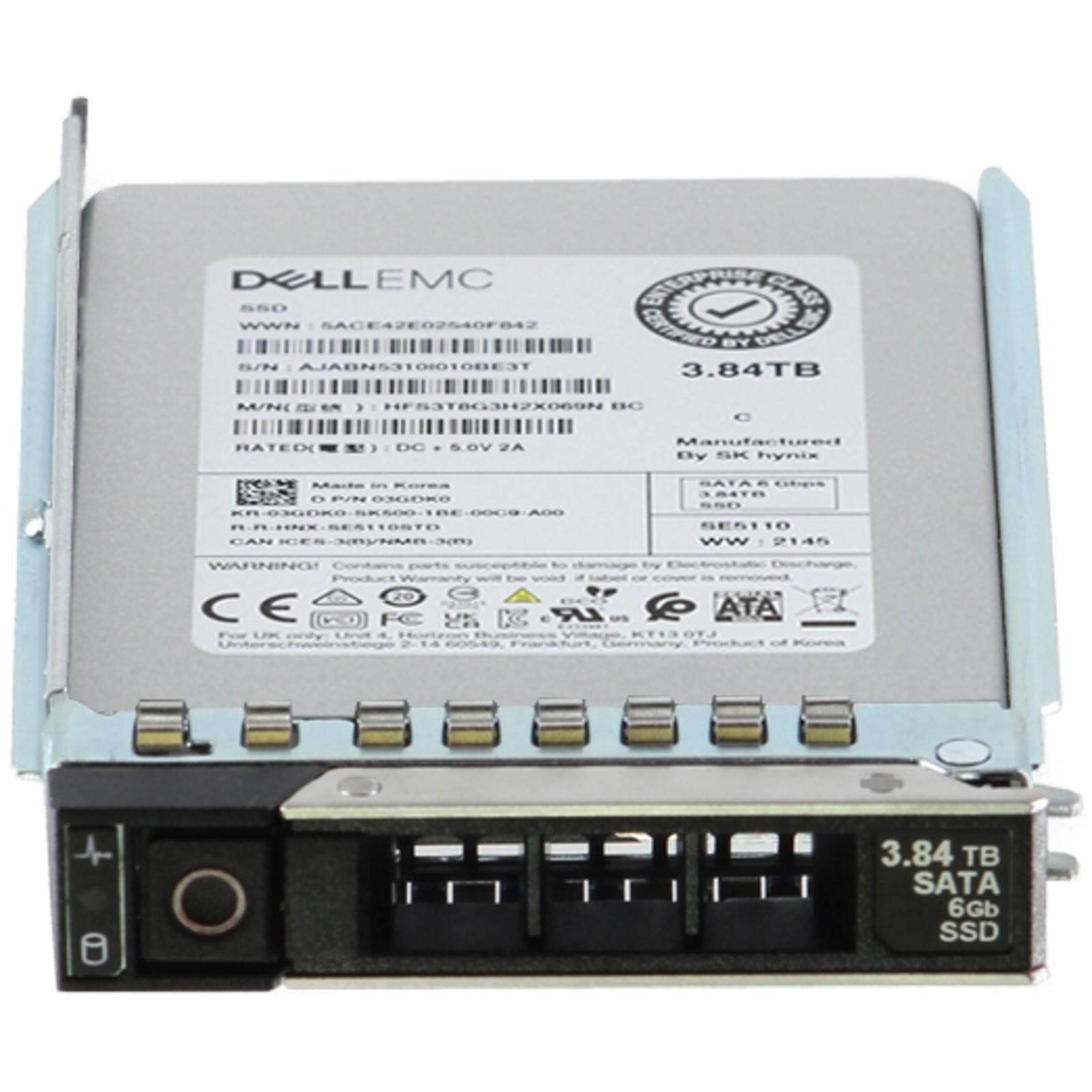 DELL EMC  
SSD  
WWN: SAGE42E02540FB42  
S/N: AJABN53101010BE3T  
M/N: HF53T8G3H2X00  
3.84TB  
RATED: DC 5.0V 2A  
Manufactured by SK hynix  
P/N: GODK  
KSOO  
R..N  
RESISTOR  
CAN  
SE110  
SATAS  
Cpe  
TNITA  
saD  
SEAT10  
WW 2140  
WARNING  
CE  
UK  
3.84 TB SATA 6Gb SSD