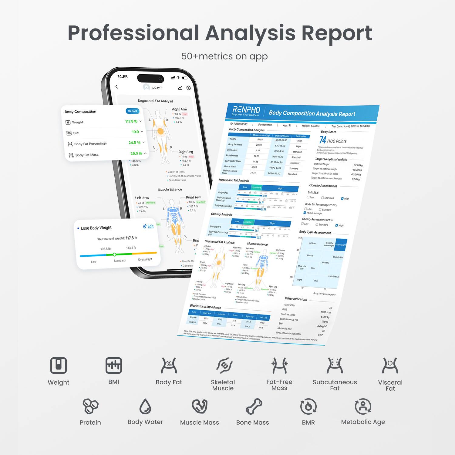 Professional Analysis Report  
50+ metrics on app  

Segmental Analysis  
Right Arm  
Body Composition Analysis Report  

- Weight: 117.8 lb  
- BMI: 19.9  
- Body Fat Percentage: 24.6%  
- Body Fat Mass: 29.0 lb  
- Skeletal Muscle Mass: 68.8 lb  
- Protein: 24.4 lb  
- Body Water: 54.8 lb  
- Muscle Mass: 68.8 lb  
- Bone Mass: 12.2 lb  
- BMR: 1,452 kcal/day  
- Metabolic Age: 24  

Body Score: 74/100 Points  

Body Composition Analysis  
- Body Weight: 117.8 lb  
- Body Fat Percentage: 24.6%  
- Body Fat Mass: 29.0 lb  
- Skeletal Muscle Mass: 68.8 lb  
- Protein: 24.4 lb  
- Body Water: 54.8 lb  
- Muscle Mass: 68.8 lb  
- Bone Mass: 12.2 lb  
- BMR