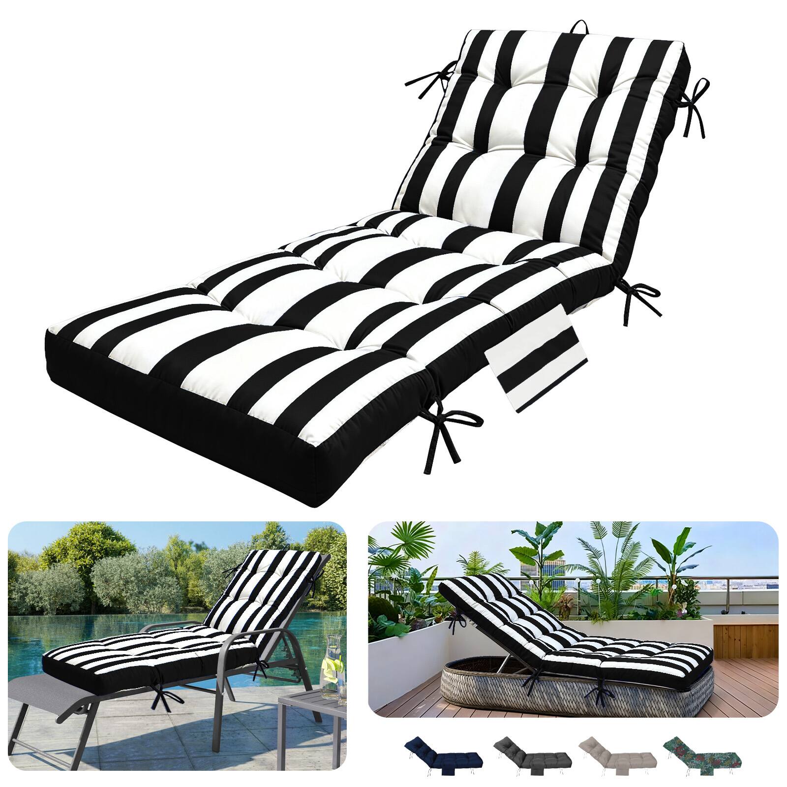 Chateau Abodes - Outdoor Chaise Lounge Cushion, Memory Foam & Tufted, Rain-Proof & Fade Resistant with Ties for Patio Furniture - Black and White Stripes