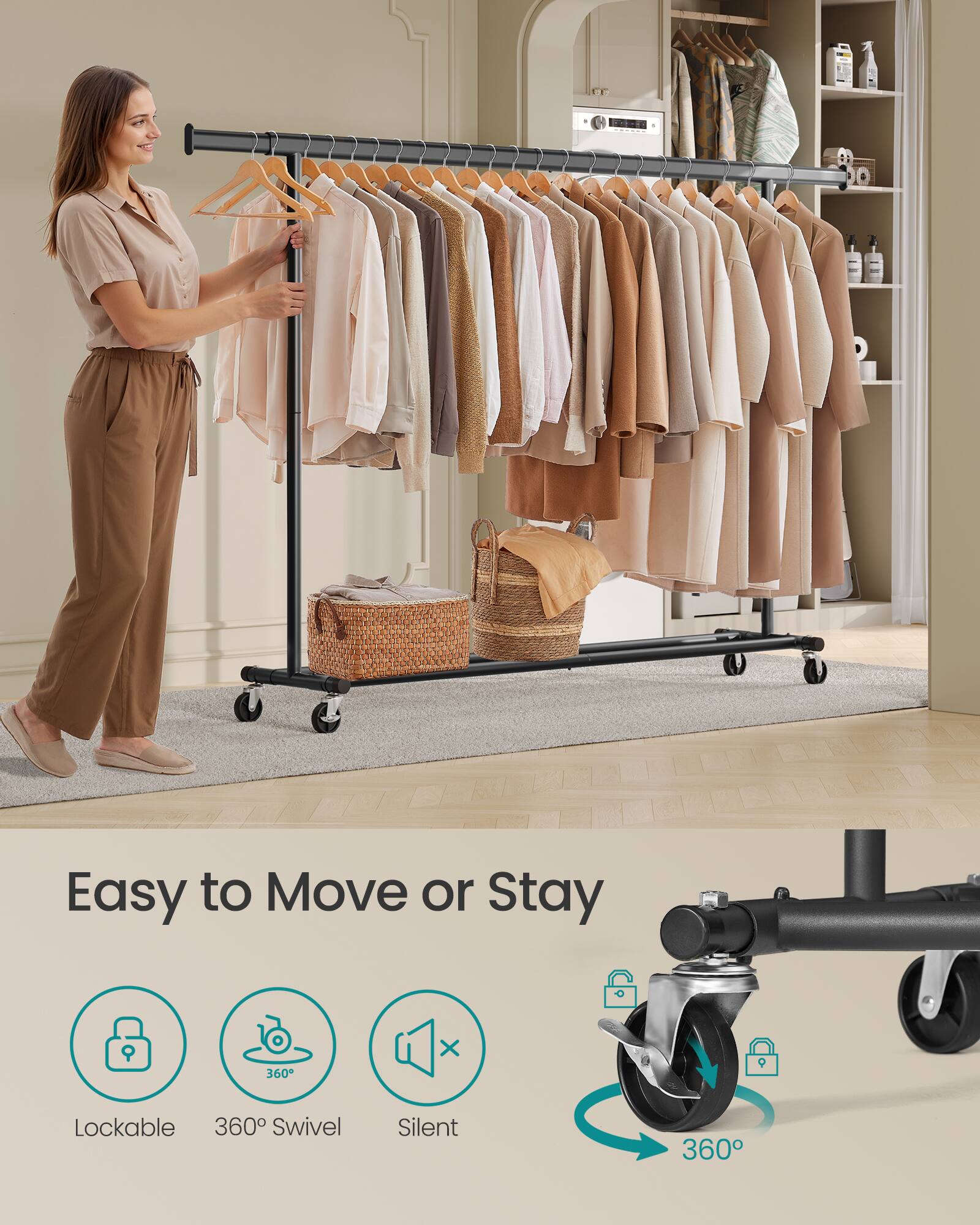 Easy to Move or Stay  
Lockable 360° Swivel Silent