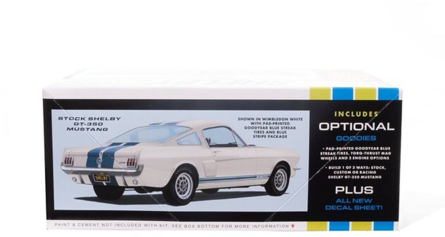 STOCK SHELBY GT-350 MUSTANG  
INCLUDES SHOWN IN WIMBLEDON WHITE WITH PAD-PRINTED GOODYEAR BLUE STREAK OPTIONAL TIRES AND BLUE STRIPE PACKAGE  
GOODIES:  
- PAD-PRINTED GOODYEAR BLUE STREAK TIRES  
- TORQ-THRUST MAG WHEELS  
- 2 ENGINE OPTIONS  
SHELBY BUILD 1 OF 3 WAYS: STOCK, CUSTOM OR RACING  
SHELBY GT-350 MUSTANG PLUS ALL NEW DECAL SHEET!  
PAINT & CEMENT NOT INCLUDED WITH KIT  
SEE BOX BOTTOM FOR MORE INFORMATION