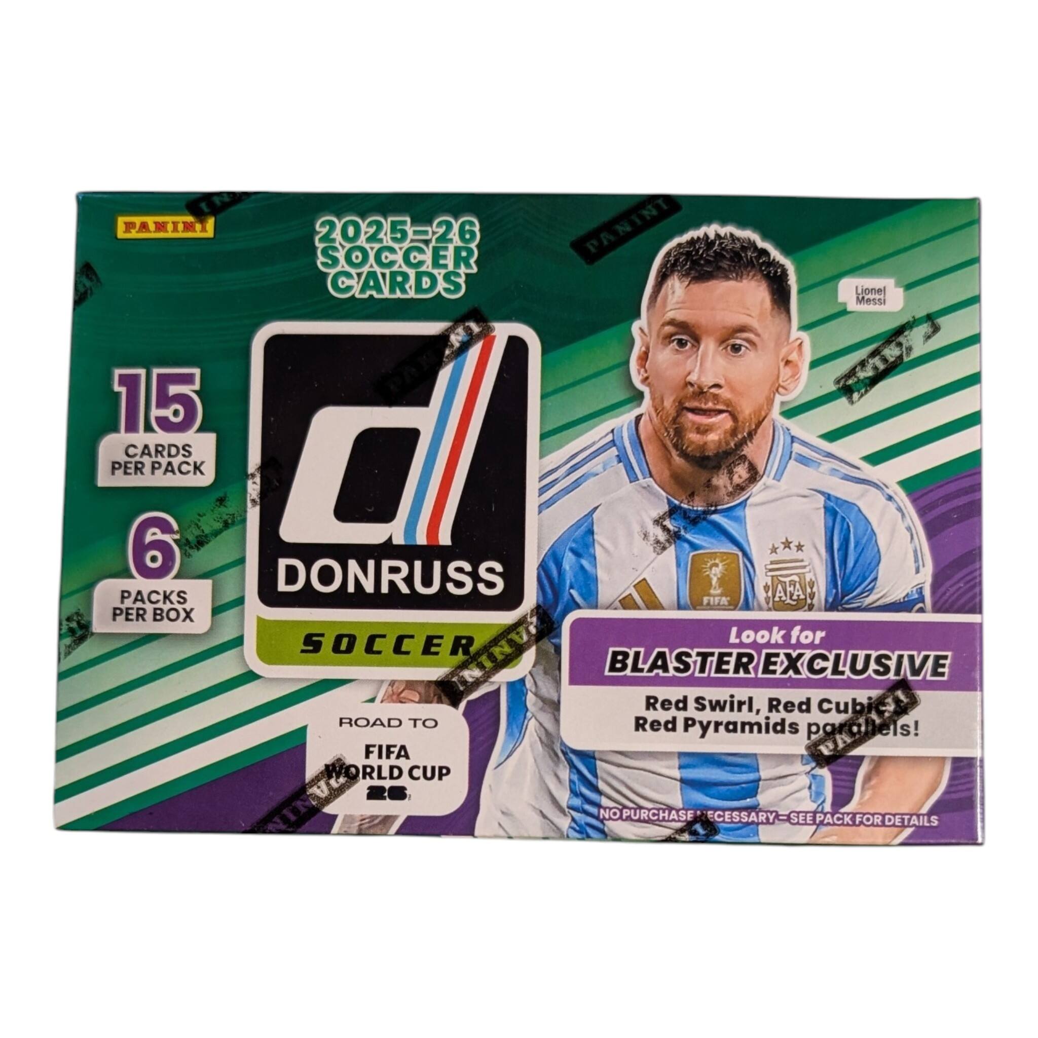 PAKINT 2025-26 PANINT SOCCER CARDS Lionel Messi 15 PER CARDS 6 PACK DONRUSS AFA PACKS FIFK PER BOX Look for SOCCER BLASTER EXCLUSIVE Red Swirl, Red Cubi ROAD TO FIFA WORLD CUP 2026 NO PURCHASE NECESSARY-SEE PACK FOR DETAILS