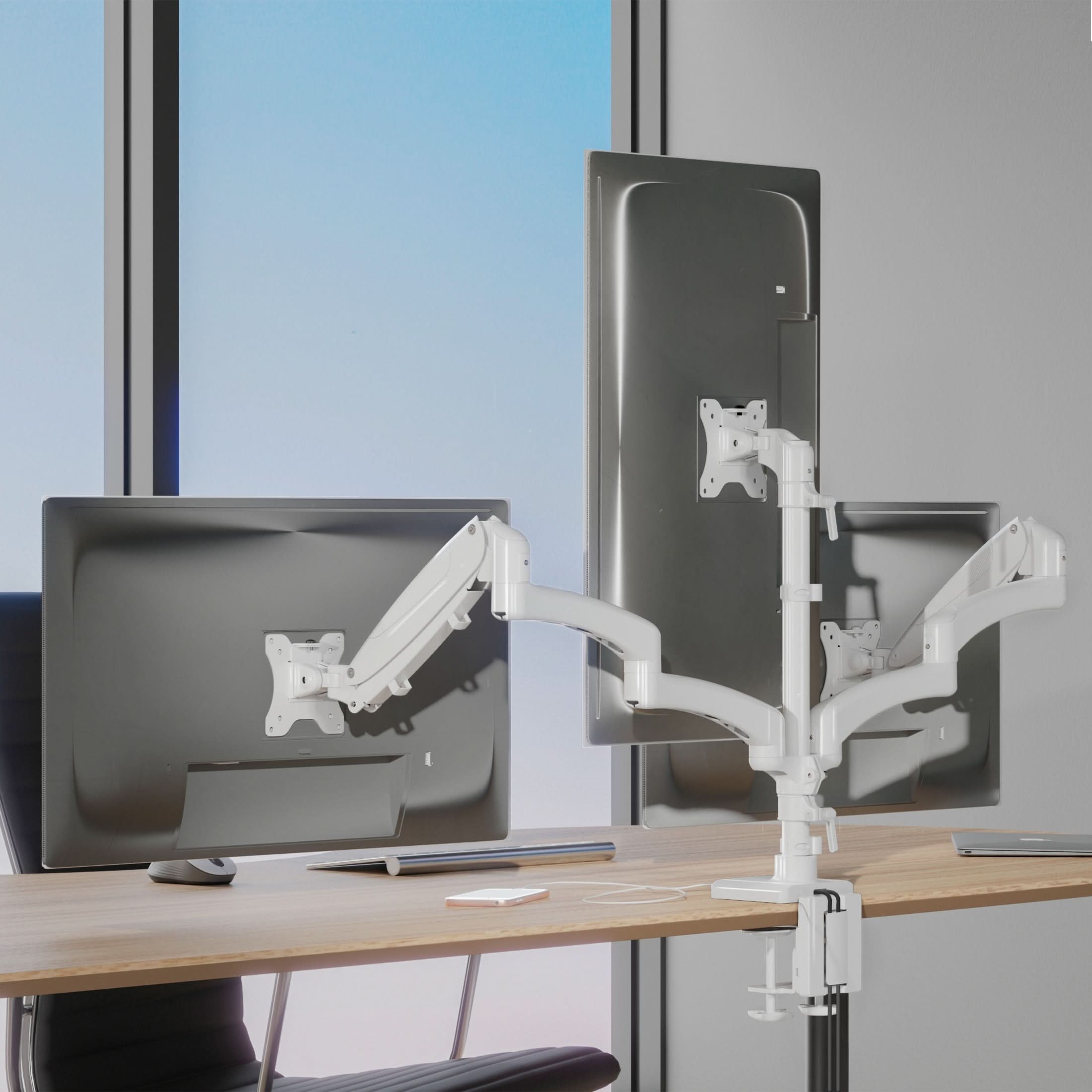 Angle. Mount-It! - Triple Monitor Desk Mount with Gas Spring Arms for Monitors up to 32″ with USB-C Port, White - White.