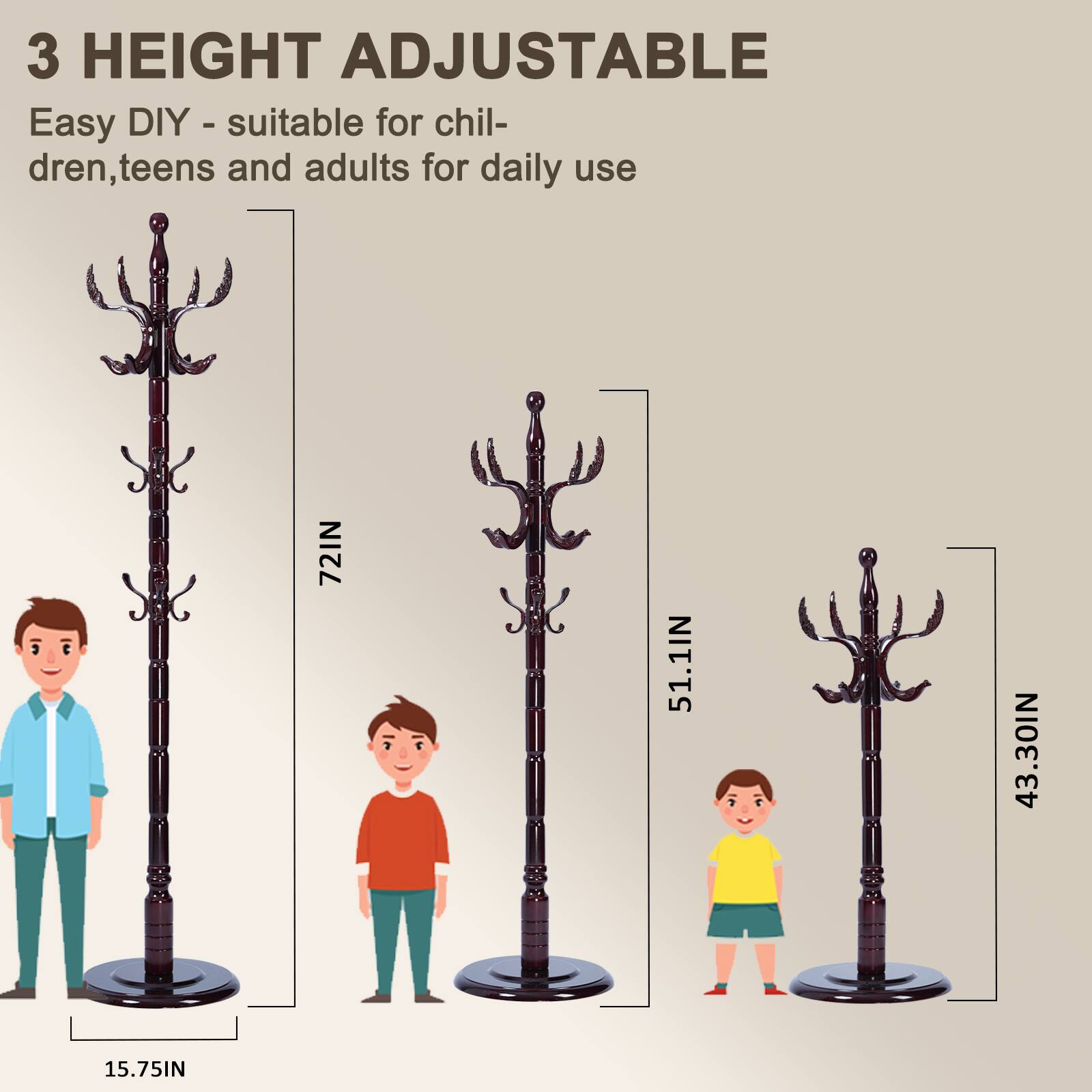 Alt View 4. Chateau Abodes - Solid Wood Coat Rack, Free Standing Hall Coat Tree with 14Hooks, 3 Height Options, 300lbs Load, Stury Base - Wooden Phoenix Hook.