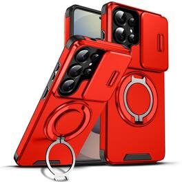 Dteck - Magnetic Slide Lens Cover for Samsung Galaxy S26 Ultra, Shockproof Ring Kickstand TPU + PC Protective Phone Case - Red