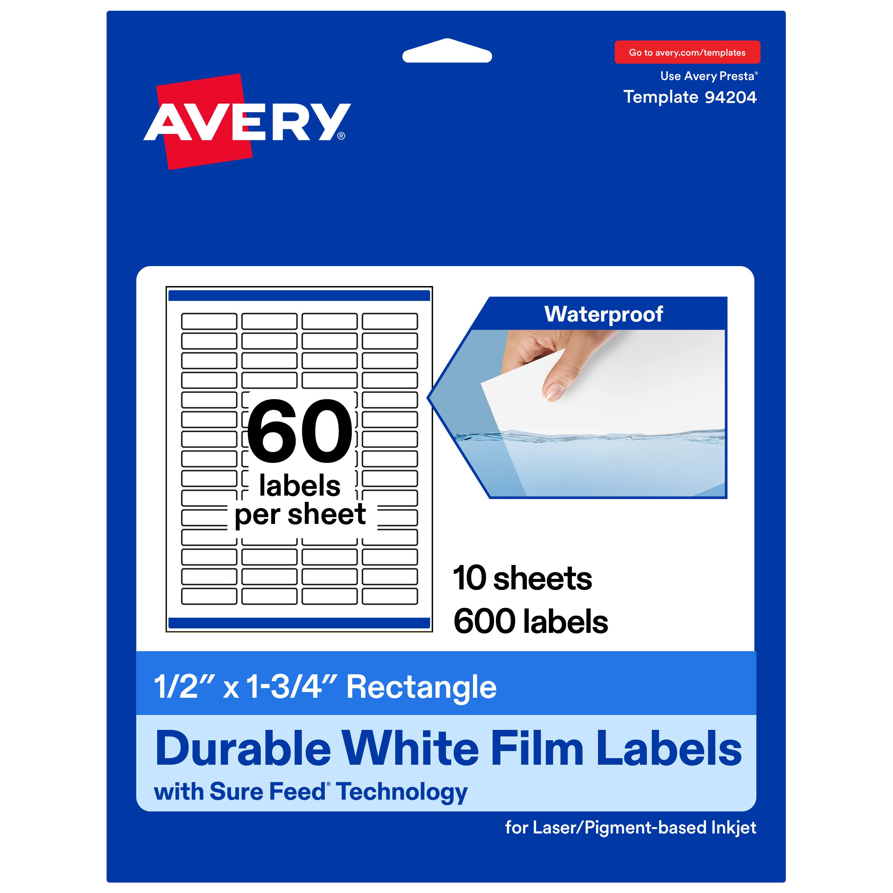Go to avery.com/templates  
Use Avery Presta™ Template 94204  

Waterproof  
60 labels per sheet  
10 sheets  
600 labels  

1/2" x 1-3/4" Rectangle  
Durable White Film Labels with Sure Feed™ Technology for Laser/Pigment-based Inkjet
