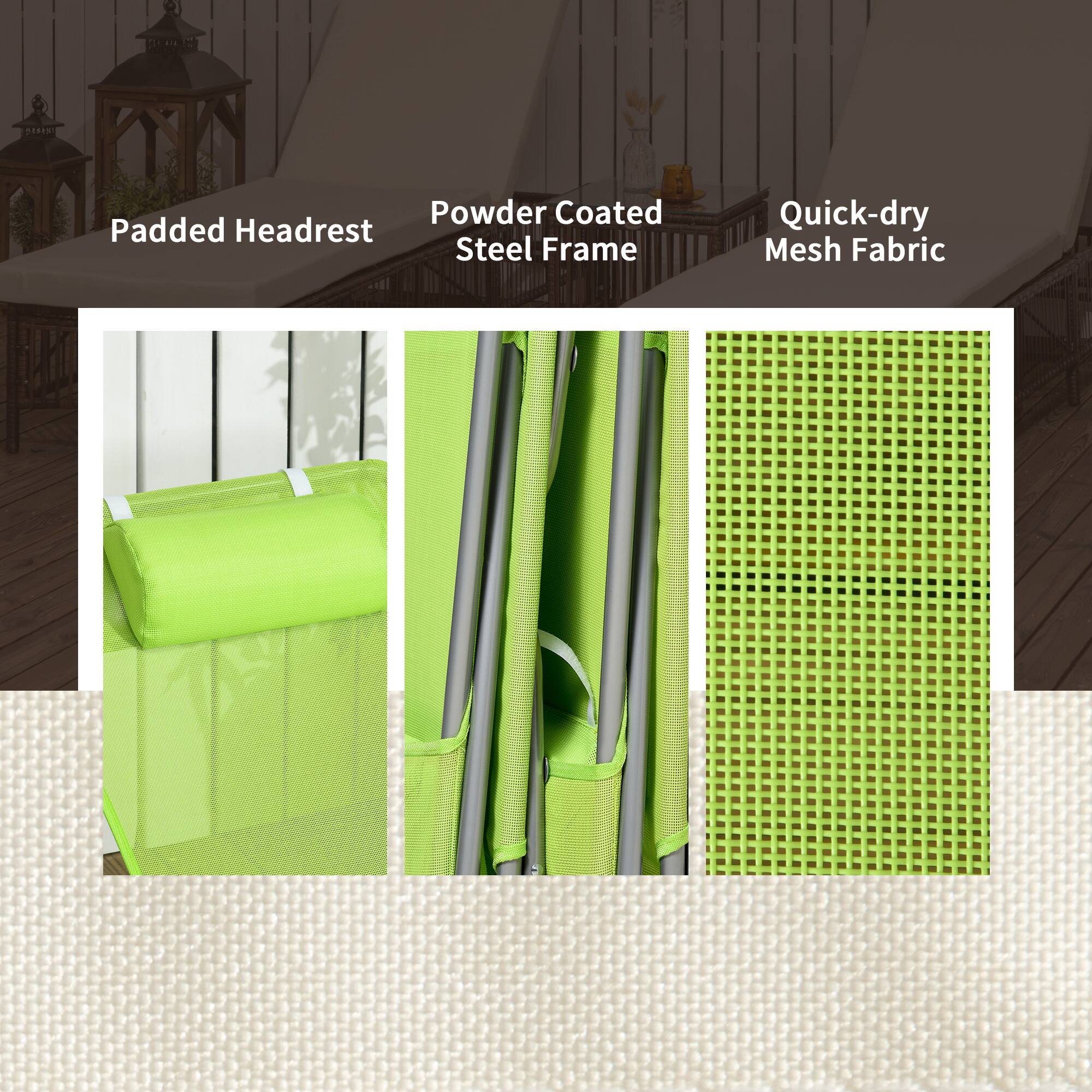 - Padded Headrest
- Powder Coated Steel Frame
- Quick-dry Mesh Fabric