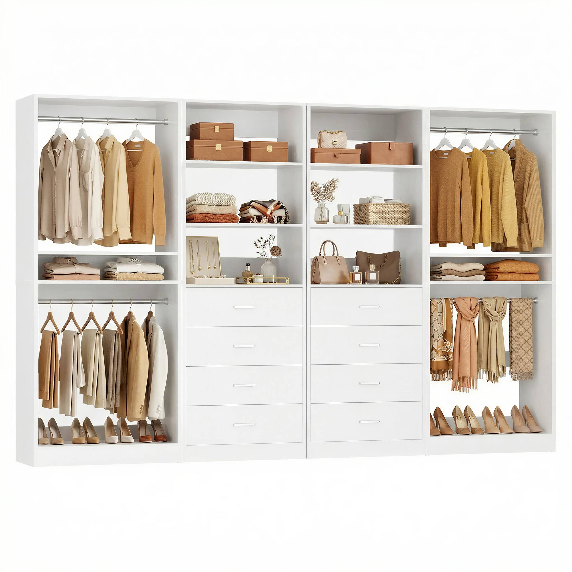 Angle. Aheaplus - 92.6" Walk-in Closet Organizer System with 8 Drawers and 4 Hanging Rods, 4 Piece Set - White.