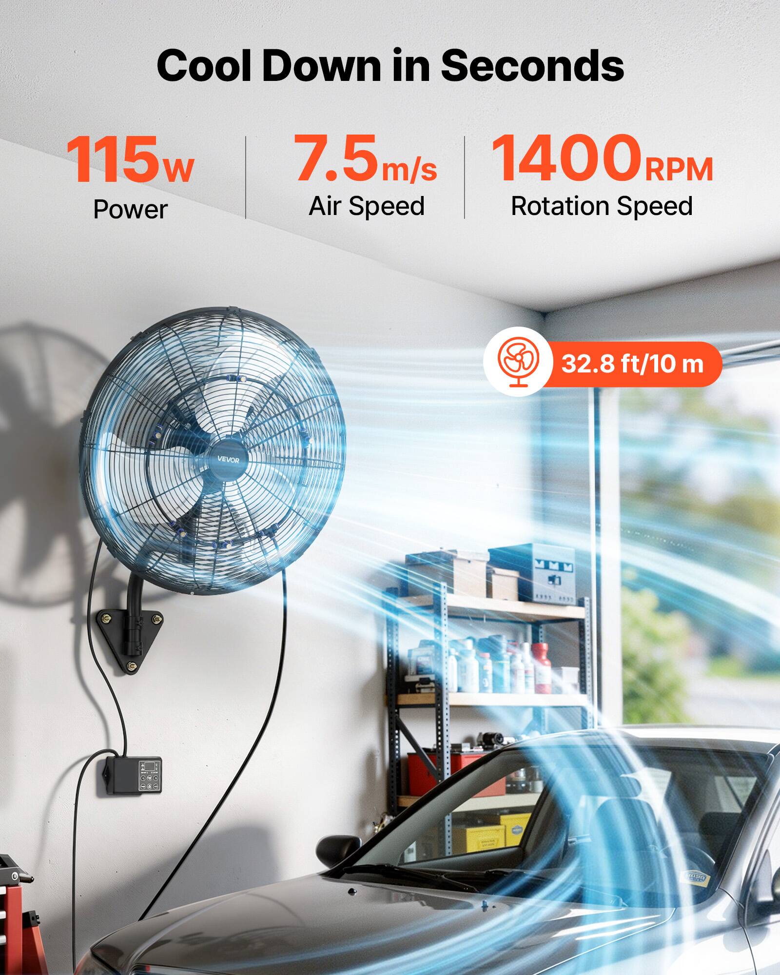 Cool Down in Seconds  
115w Power  
7.5m/s Air Speed  
1400 RPM Rotation Speed  
32.8 ft/10 m