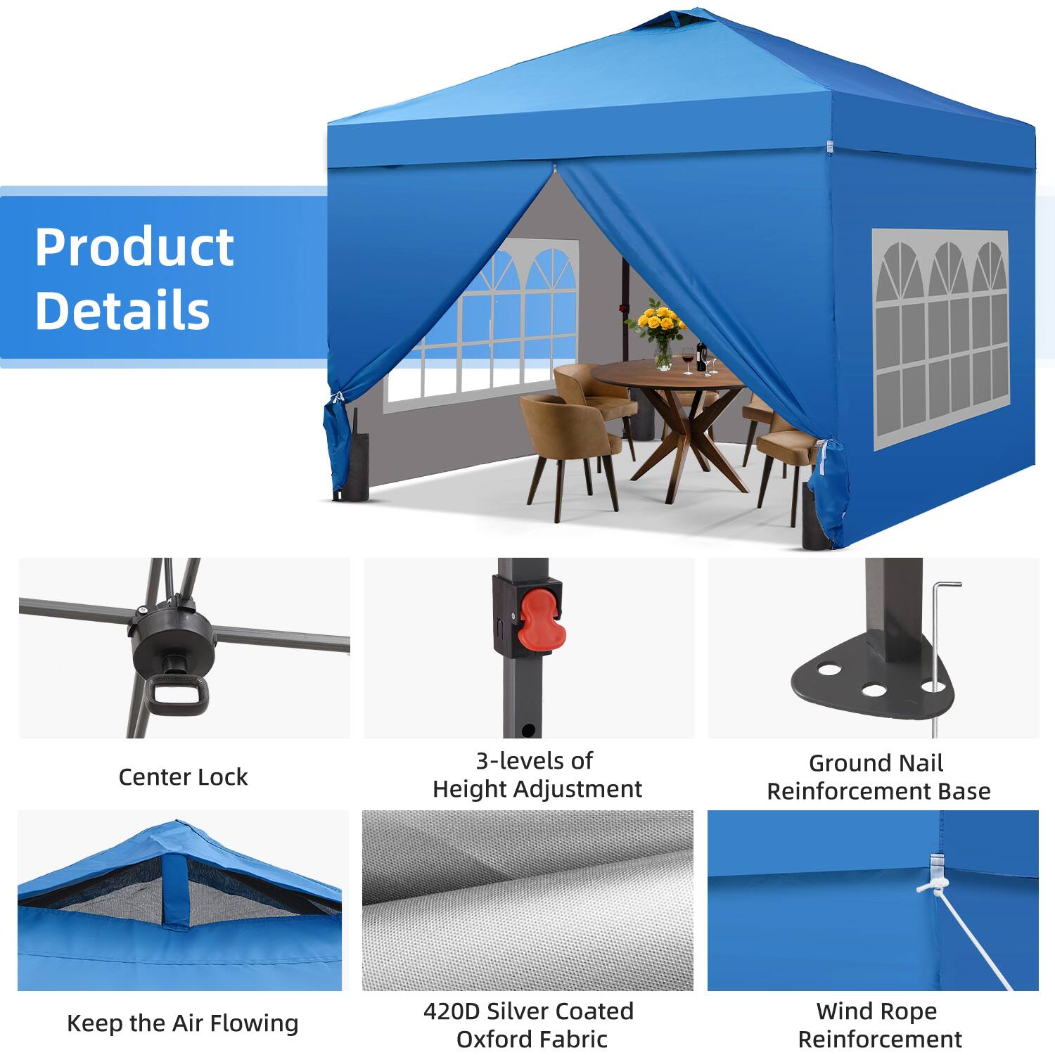 Product Details

- Center Lock
- 3-levels of Height Adjustment
- Ground Nail Reinforcement Base
- Keep the Air Flowing
- 420D Silver Coated Oxford Fabric
- Wind Rope Reinforcement