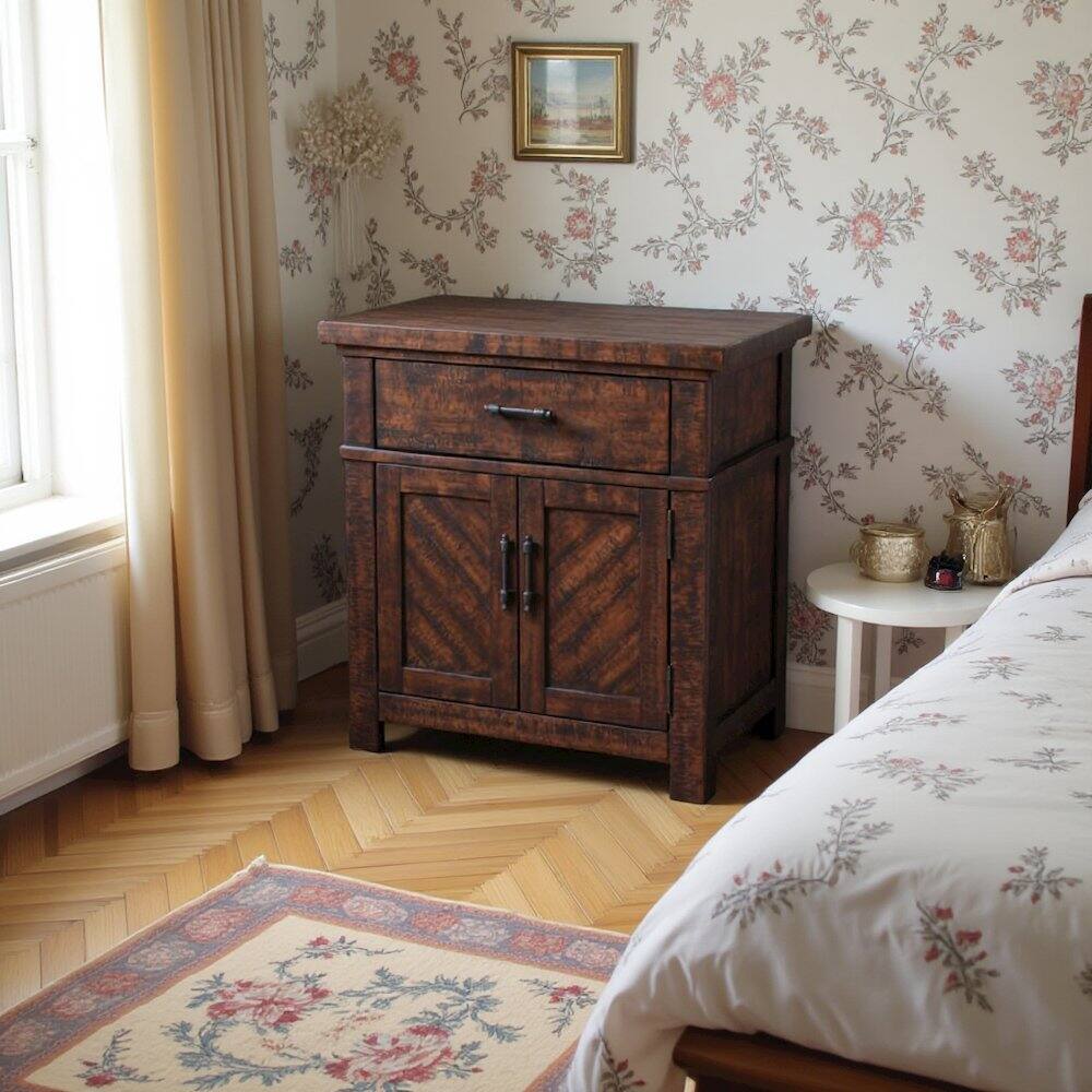 Back. FurniFact - Brown 2-Drawer Wood Nightstand with Modern Design for Bedroom Storage - Cherry.