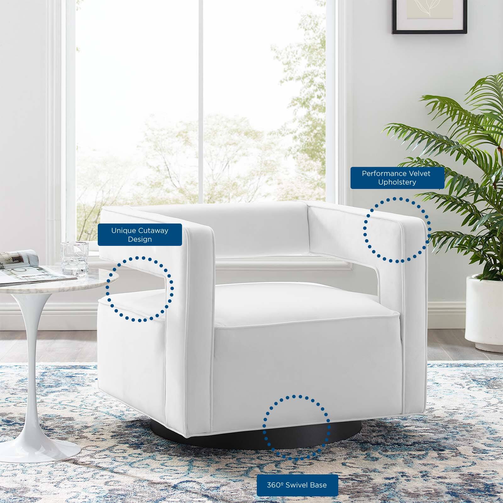 - Performance Velvet Upholstery
- Unique Cutaway Design
- 360° Swivel Base