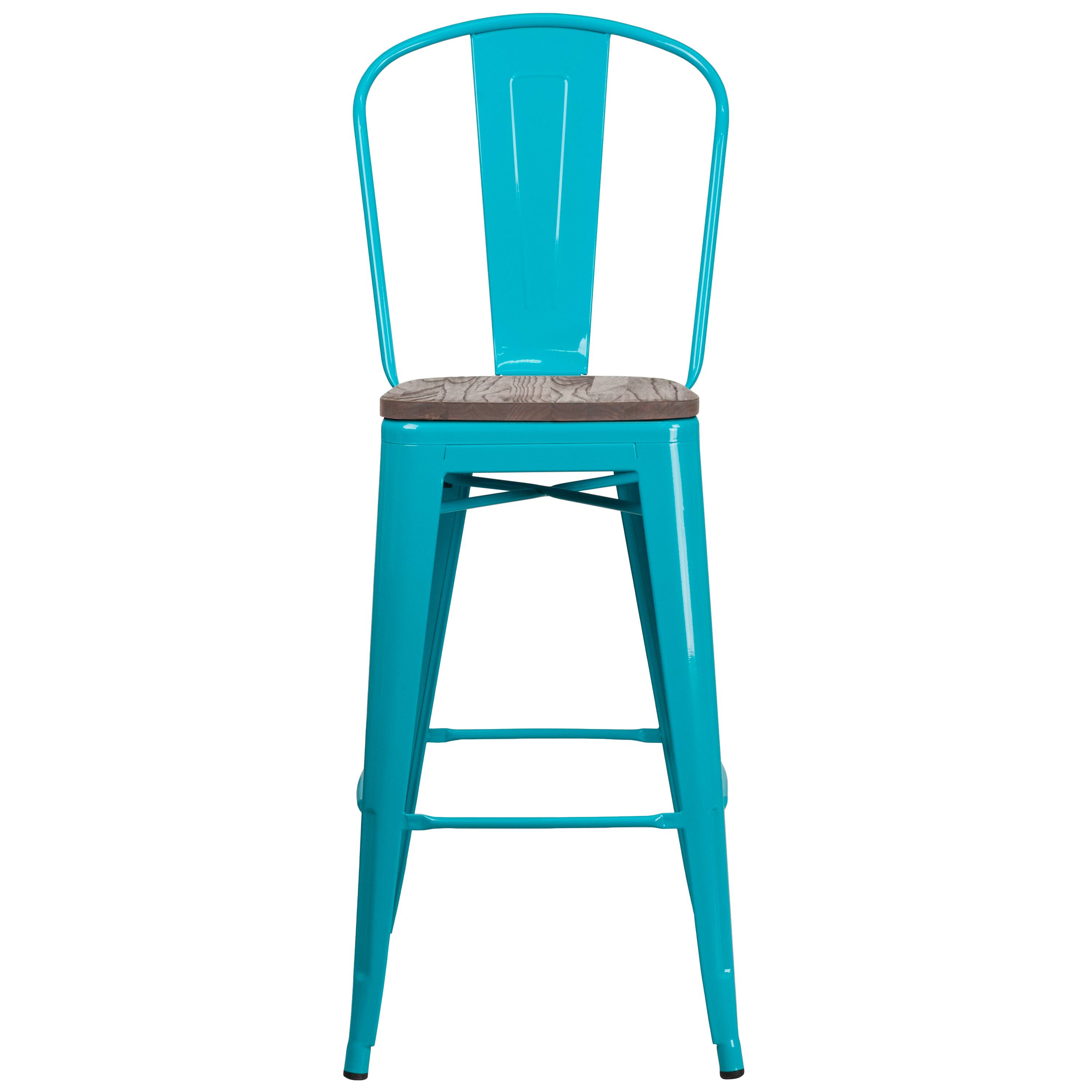 Alt View 5. Emma + Oliver - 30"H Metal Dining Barstool with Back and Wood Seat - Crystal Teal-Blue.