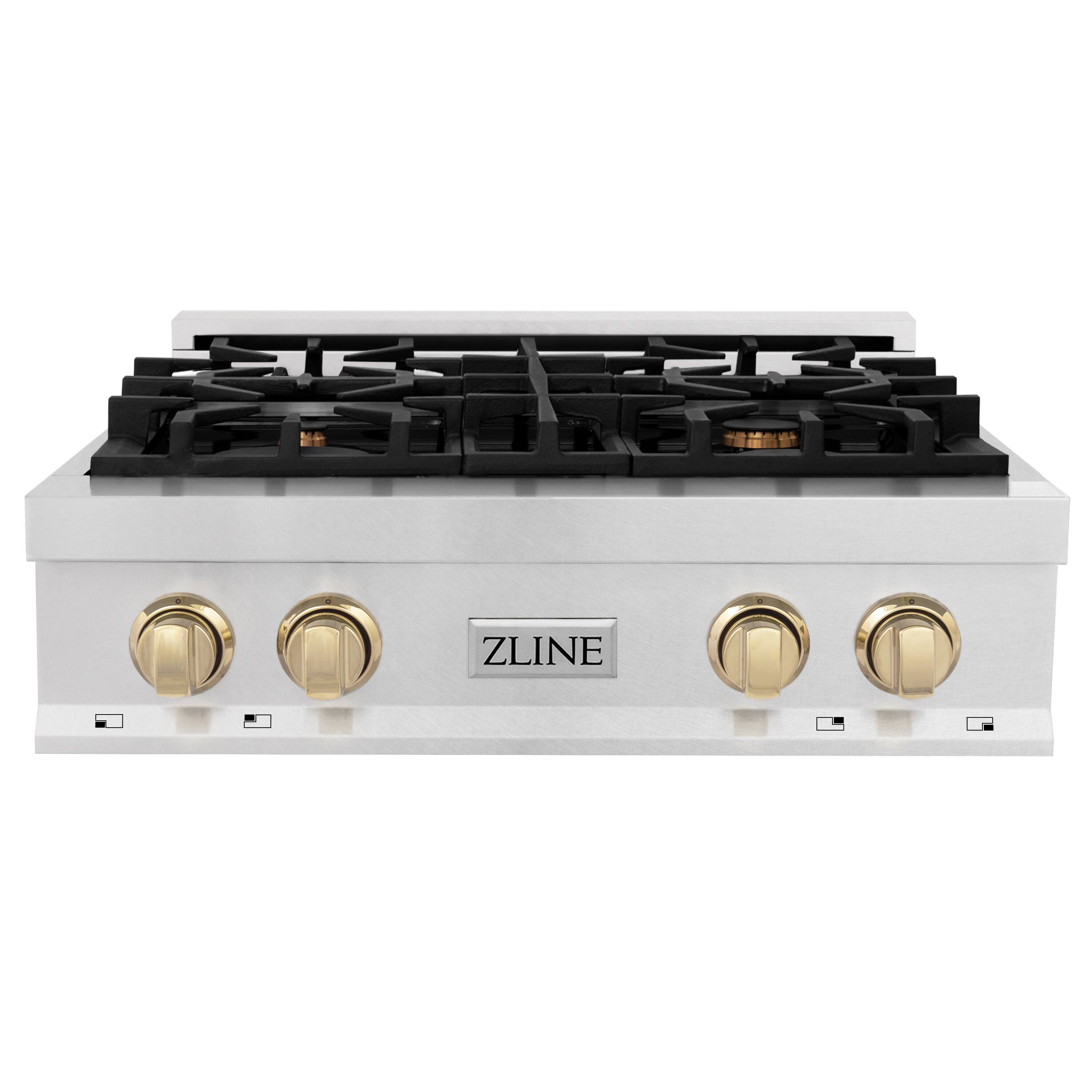 Front. ZLINE - ZLINE Autograph 30 in. Legacy Gas Rangetop with 4 Burners in Satin Steel with Gold Accents - Satin Stainless Steel.