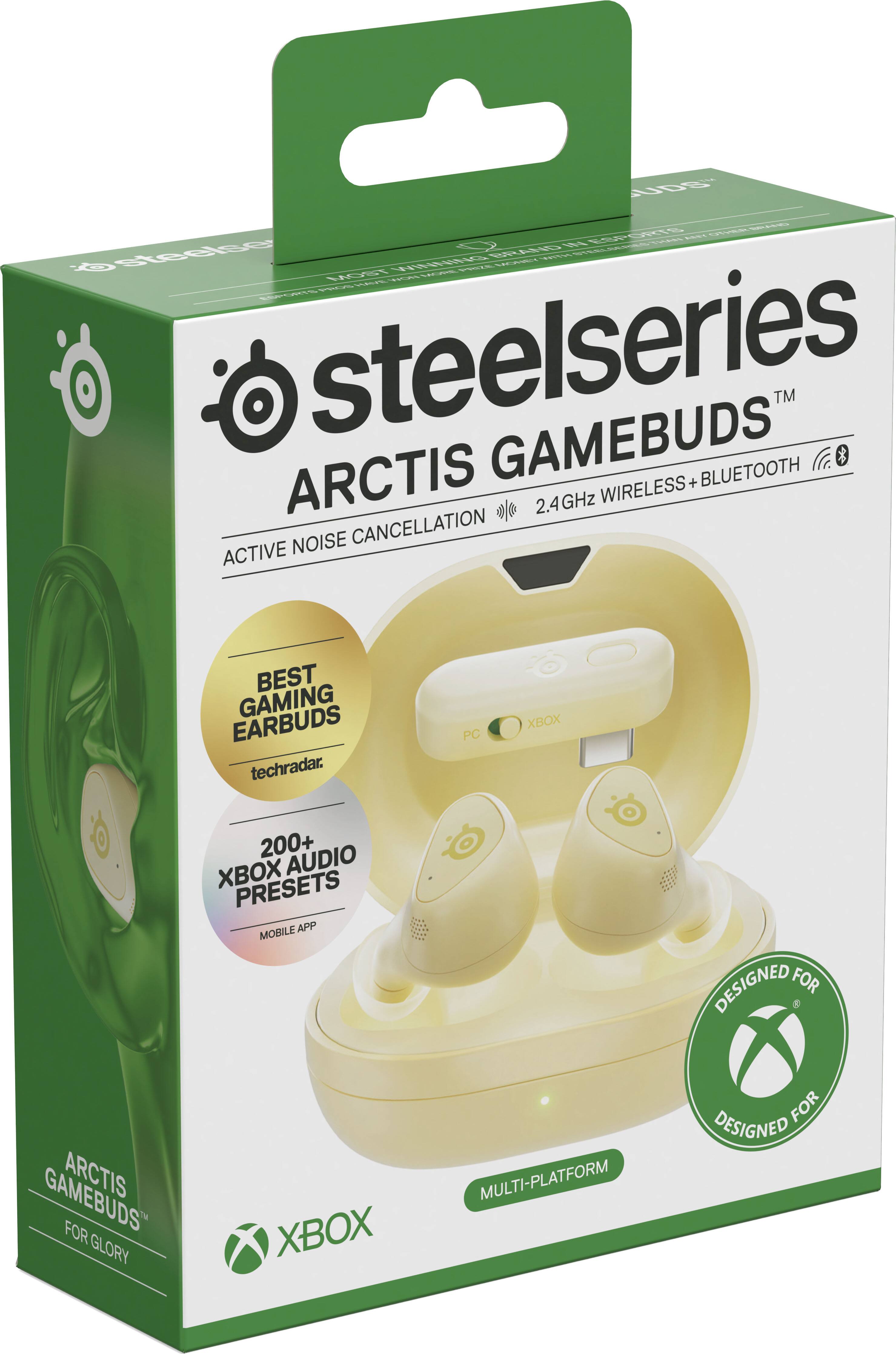 UDS IN ESPORTS steelseries GAMEBUDS TM ARCTIS + BLUETOOTH 2.4GHz WIRELESS NOISE CANCELLATION ACTIVE  
BEST GAMING EARBUDS techradar.  
PC  
XBOX  
200+ XBOX AUDIO PRESETS MOBILE APP  
DESIGNED FOR  
GAMEBUDS ARCTIS FOR GLORY  
XBOX  
MULTI-PLATFORM
