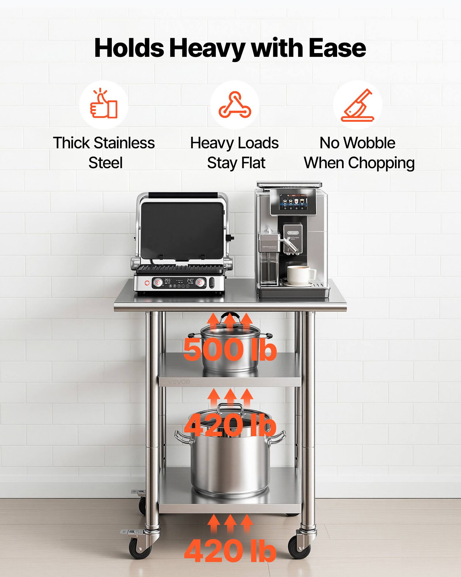 Holds Heavy with Ease  
Thick Stainless Steel  
Heavy Loads Stay Flat  
No Wobble When Chopping  

25 T  
.0O.  
500 lb  
VEVOR  
420 lb  
420 lb