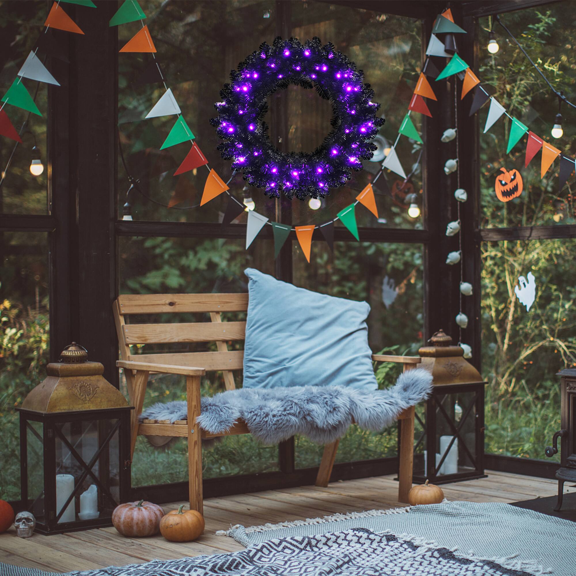 Alt View 4. Gymax - Gymax 24'' Pre-lit Black Halloween Wreath Christmas Wreath w/ Purple LED lights - Black.