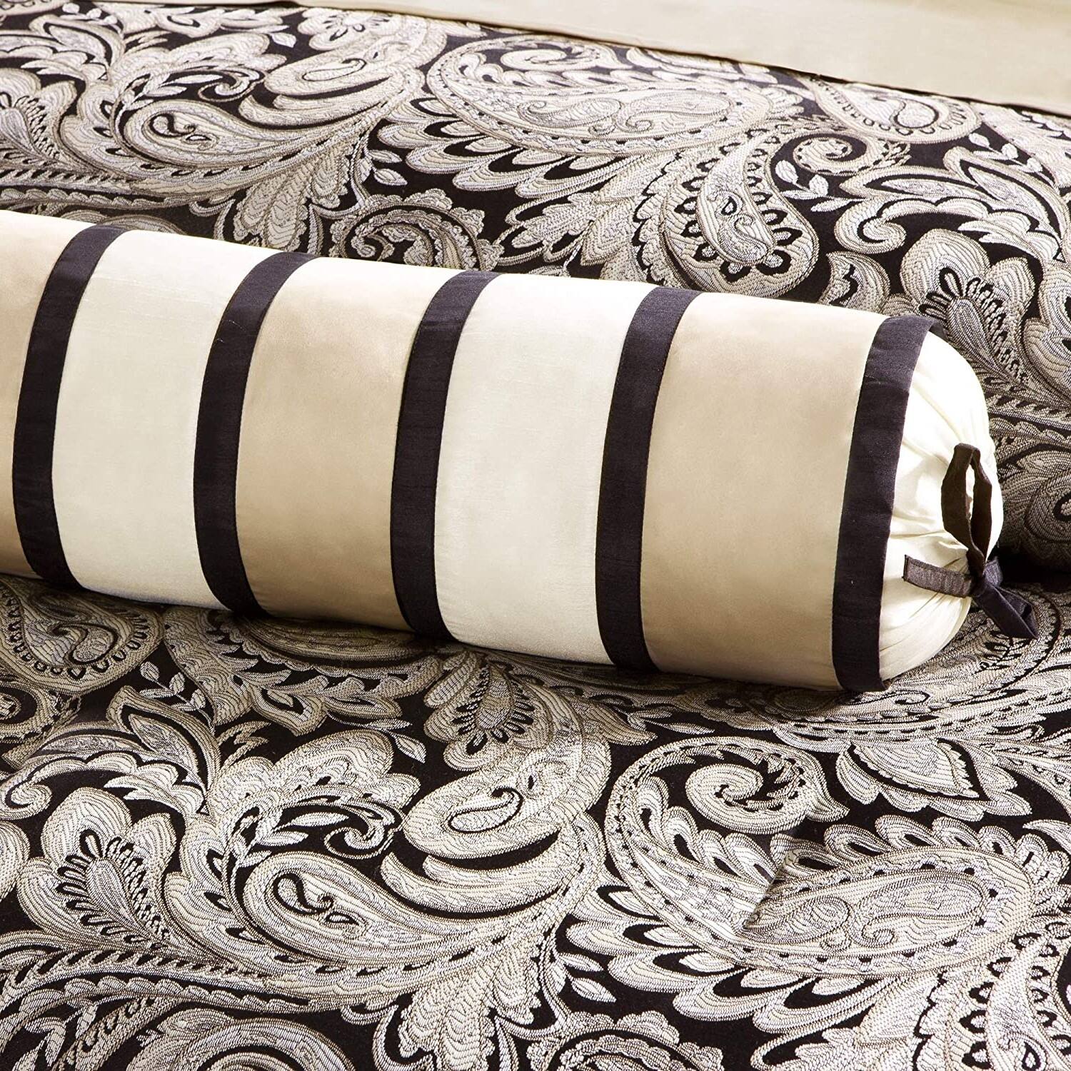 Left. Hivvago - King 12 Piece Cotton Polyester Comforter Set Black Gold Paisley - Black, Gold.