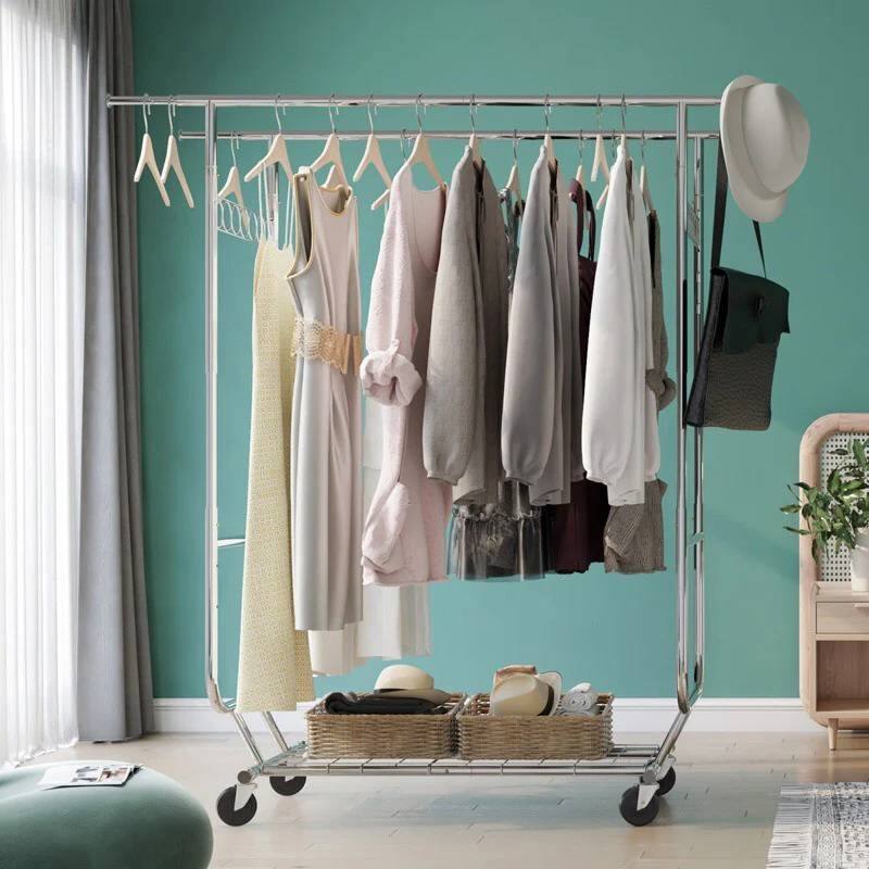 Angle. Hivvago - Heavy Duty Double Bar Clothes Garment Rack on Wheels - 600 lbs Capacity - Silver.