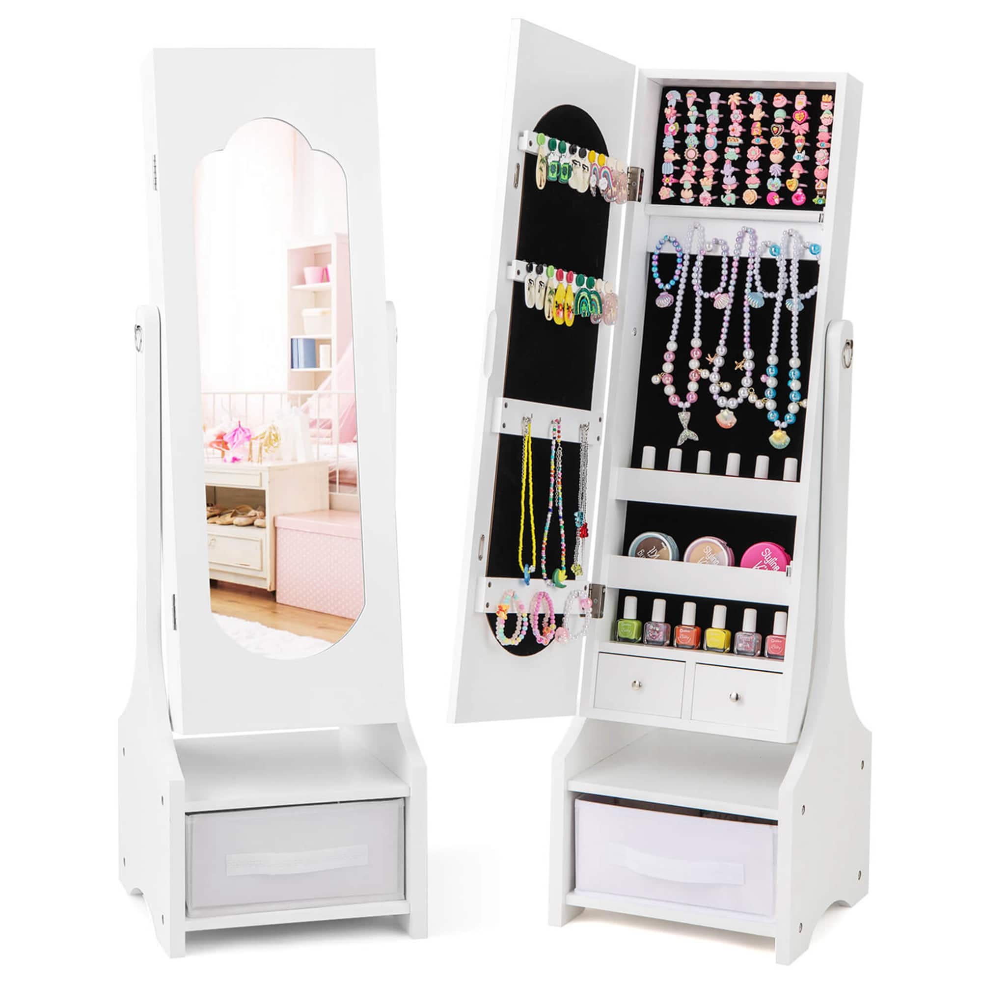 Front. Costway - Costway Kids Jewelry Cabinet with Full-Length Mirror Drawer 2 Adjustable Tilt Angles - White.