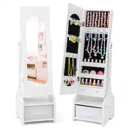 Costway - Kids Jewelry Cabinet with Full-Length Mirror Drawer 2 Adjustable Tilt Angles - White