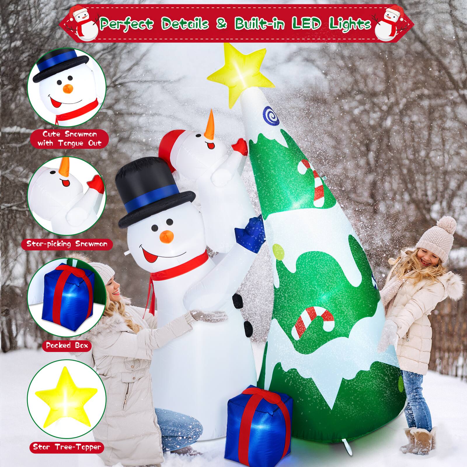 Perfect Details & Built-in LED Lights, Cute Snowman with Tongue Out, Star-picking Snowman, Pocked Box, Star Tree-Topper