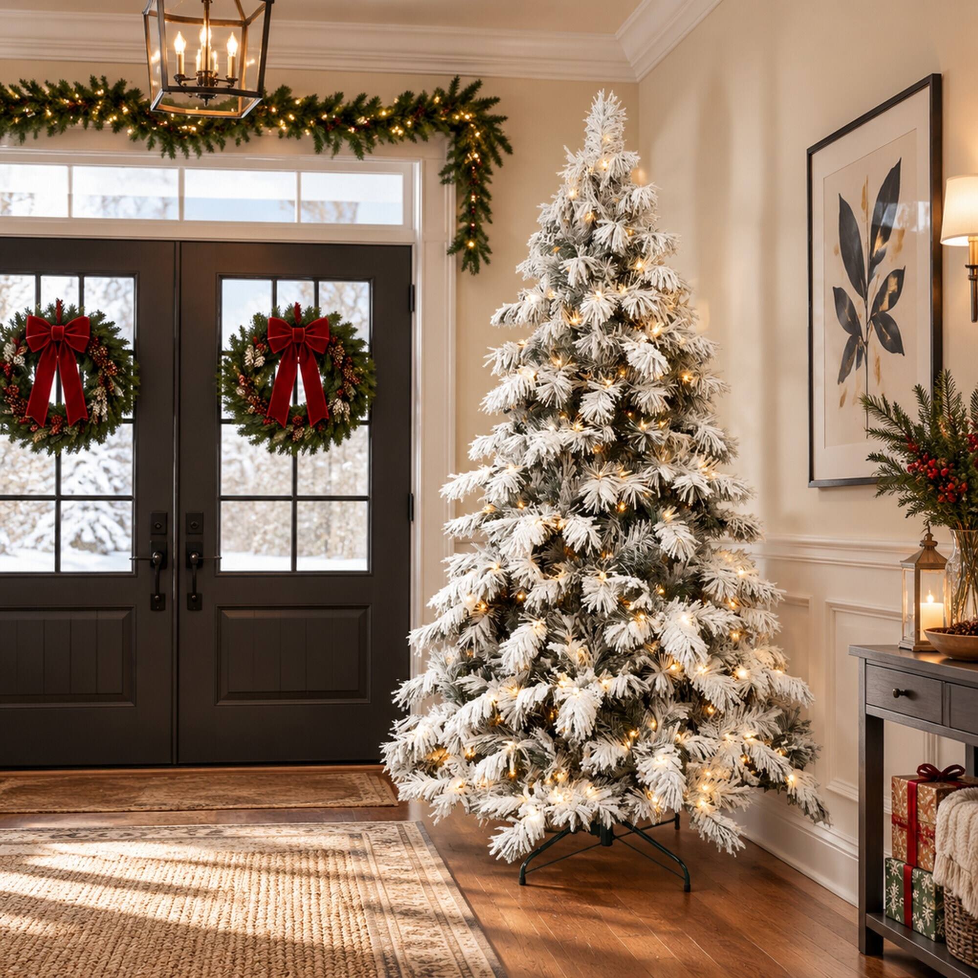 Alt View 2. RYHNUYNE - 8 Ft Flocked Scarecrow Christmas Tree With 470 Warm White LED Lights, 1242 Memory Wire Tips Snowy Decor - Green,White.