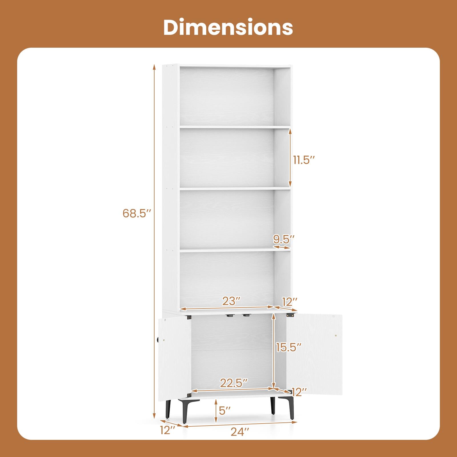 Dimensions: 11.5" x 68.5" x 9.5" x 23" x 12" x 15.5" x 22.5" x 12" x 5" x 12" x 24"