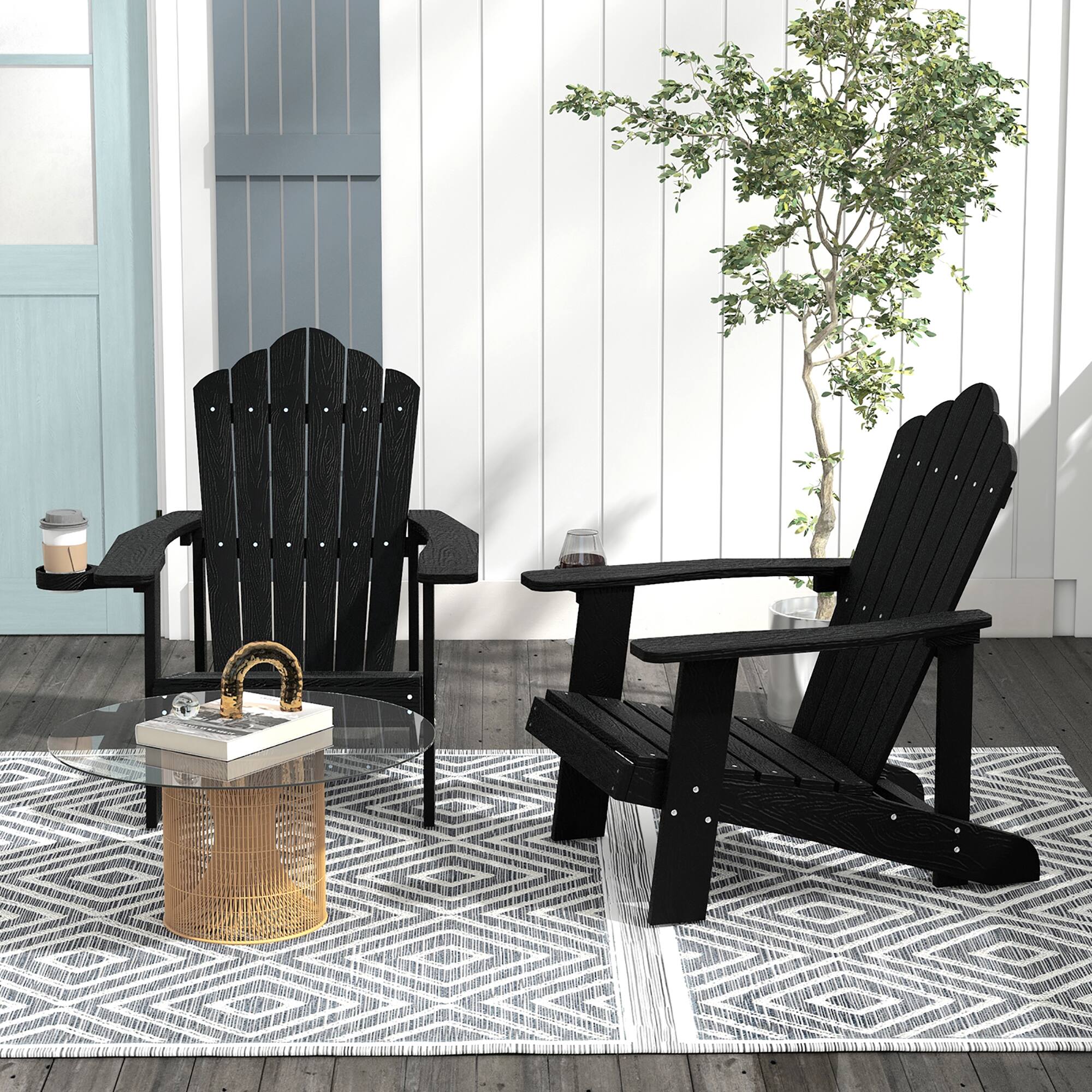 Alt View 2. Gymax - Gymax Patio HIPS Outdoor Weather Resistant Slatted Chair Adirondack Chair w/ Cup Holder Black - Black.