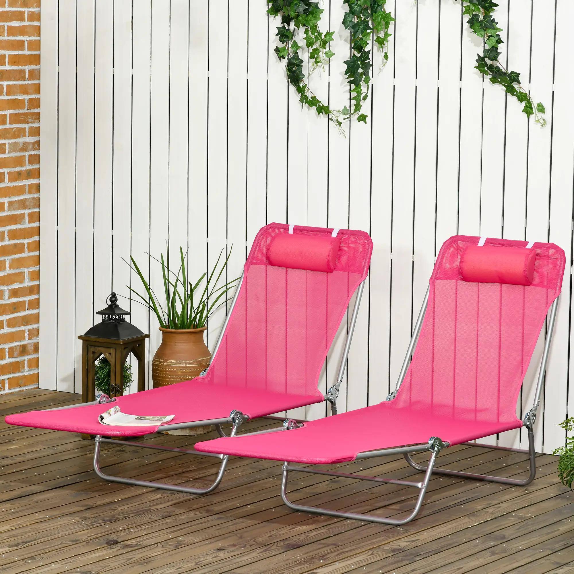 Left. Resenkos - ResenKos 2-Piece Foldable Premium Chaise Lounge Chairs , Reclining Sunbeds With Breathable Mesh Seating, Headrests, Pink - Pink.