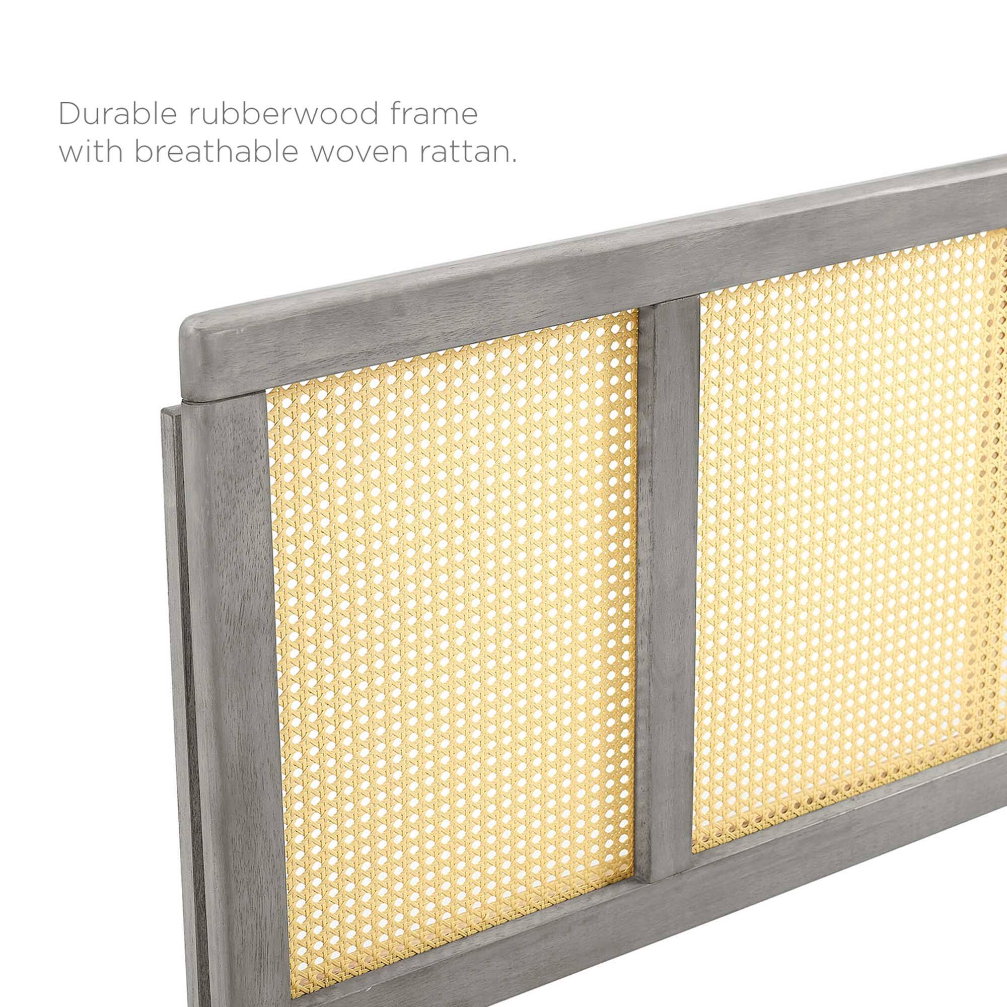 Durable rubberwood frame with breathable woven rattan.
