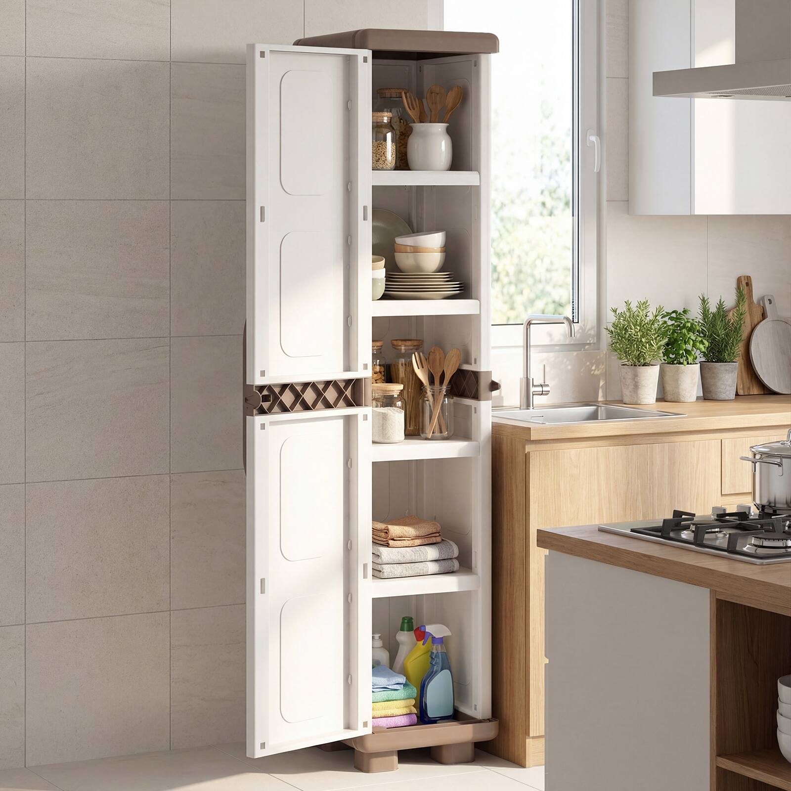Alt View 1. Costway - Costway Slim Storage Cabinet with Single Door, Plastic Kitchen Pantry with 4 Shelves - Brown and White.