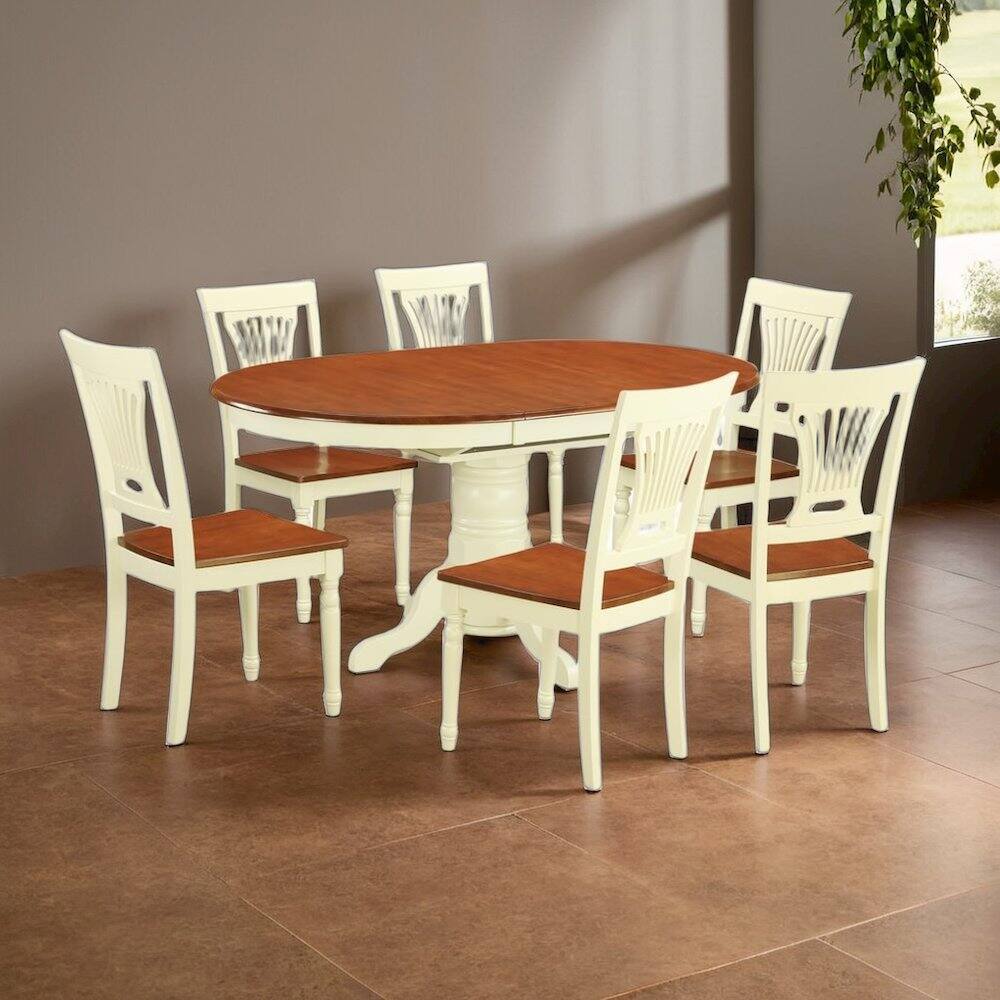 Alt View 1. FurniFact - Elegant Oval Dining Table Set for 6 with Leaf and Solid Wood Chairs - Buttermilk & Cherry.