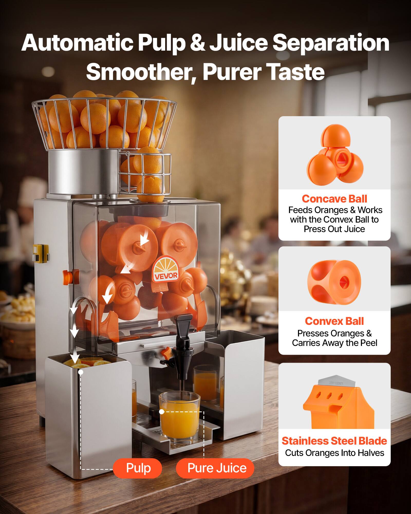 Automatic Pulp & Juice Separation  
Smoother, Purer Taste  

Concave Ball  
Feeds Oranges & Works with the Convex Ball to Press Out Juice  

Convex Ball  
Presses Oranges & Carries Away the Peel  

Stainless Steel Blade  
Cuts Oranges Into Halves