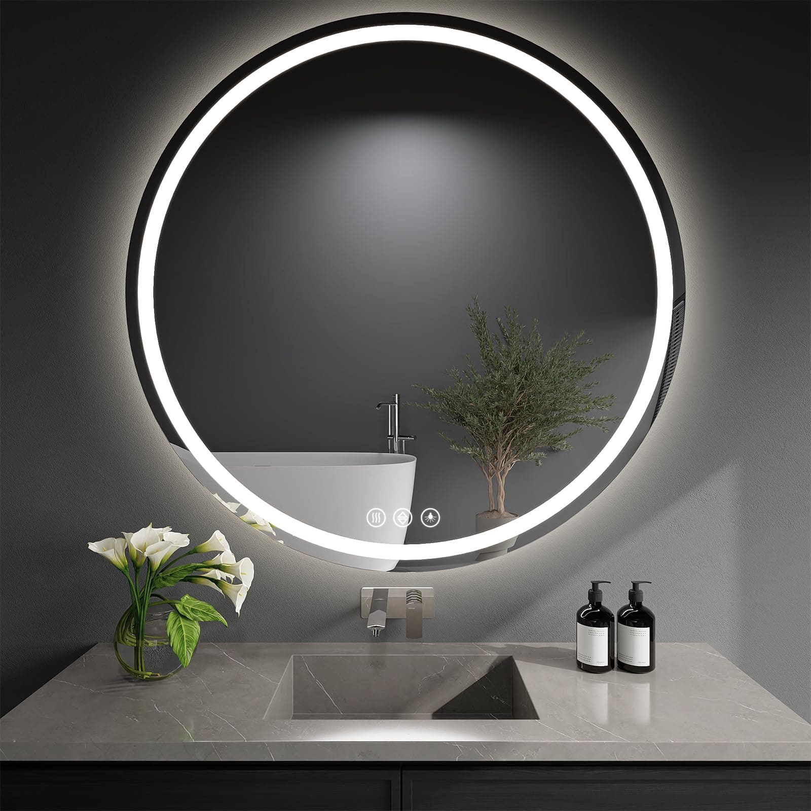 Comfort Essence - Led Bathroom Mirror Round With Lights Circle Wall 3 Colors Brightness Anti-fog For Vanity Entryway Living Room - 3 Colors-36"x36"